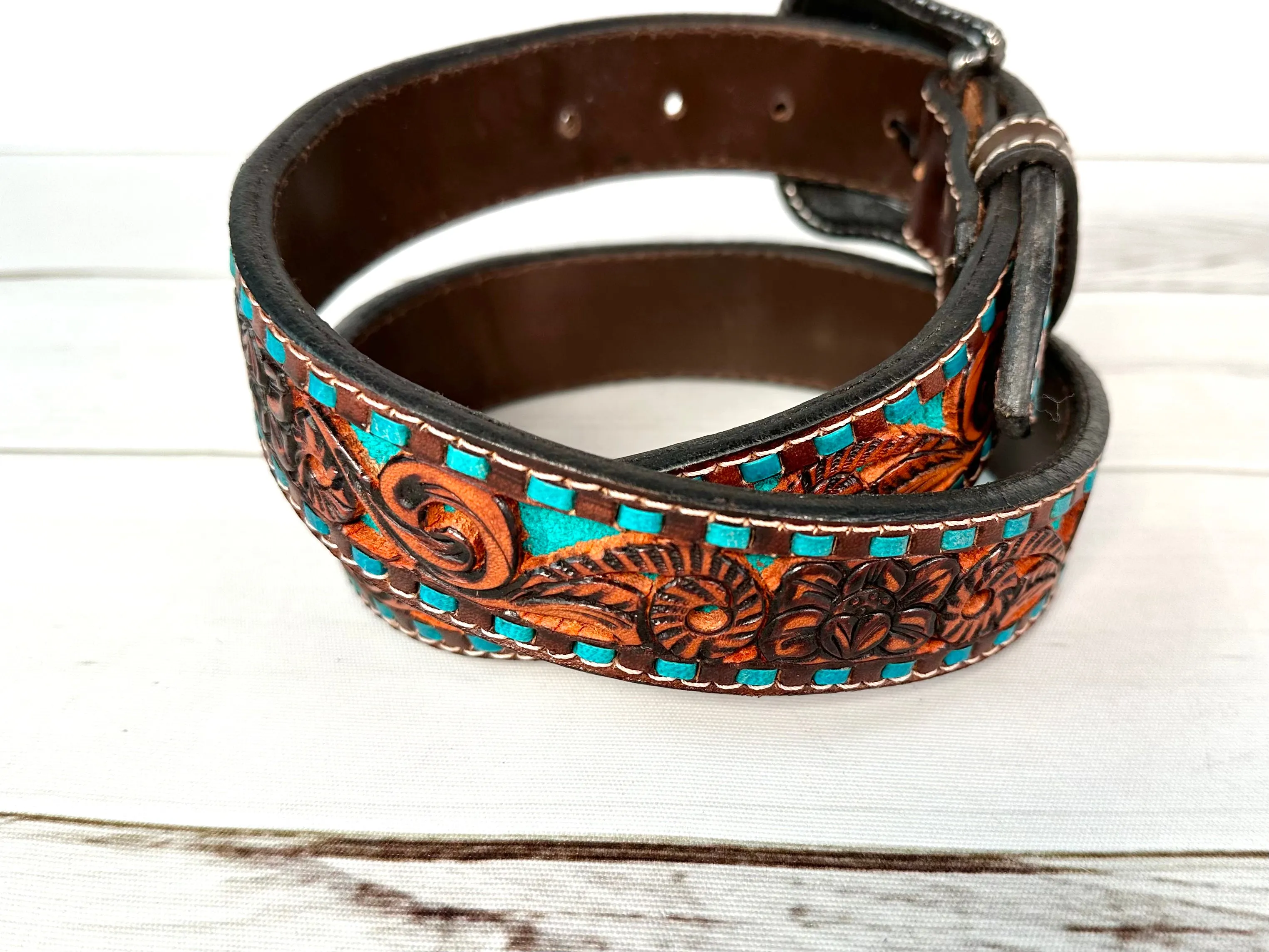 Turquoise Inset Dark Leather Tooled Belt