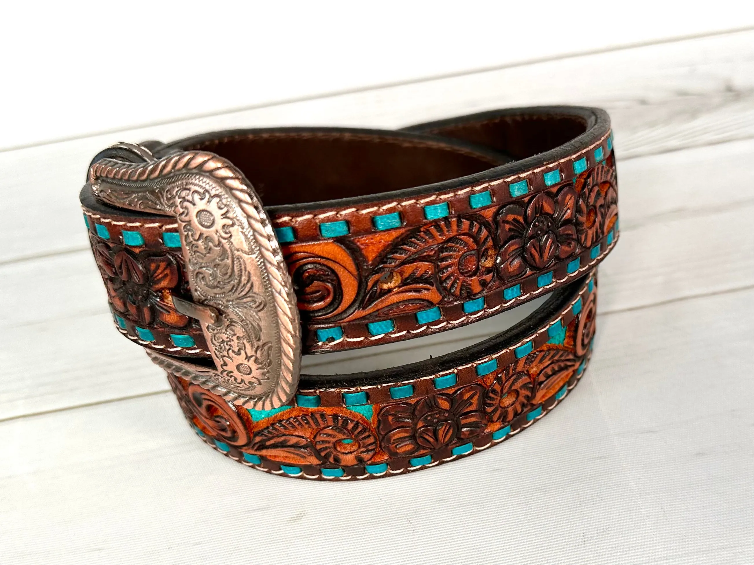 Turquoise Inset Dark Leather Tooled Belt