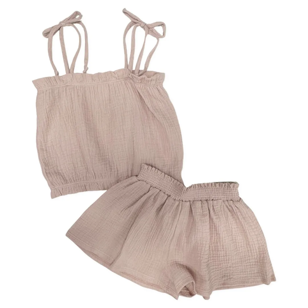 Tweenstyle by Stoopher Blush Gauze Spaghetti Strap Tank w/Gathered Top & Bottom