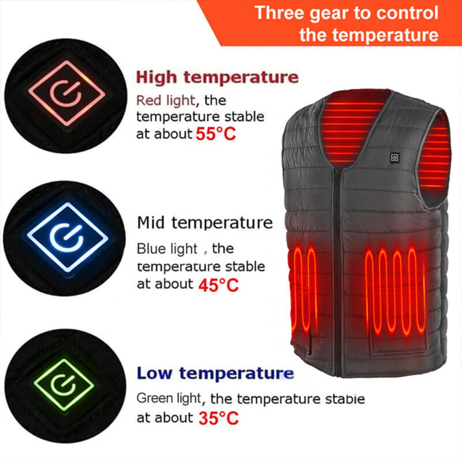 Unisex Black Body Warmer Heat Pad Winter Electric Vest Heated Jacket Medium