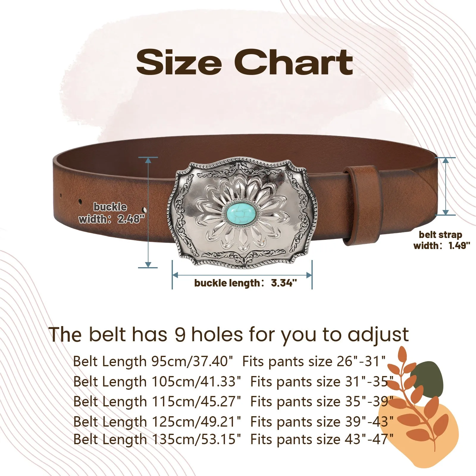 Unisex Western Style Boho Turquoise Faux PU Leather Belt For Cowboy Cowgirl