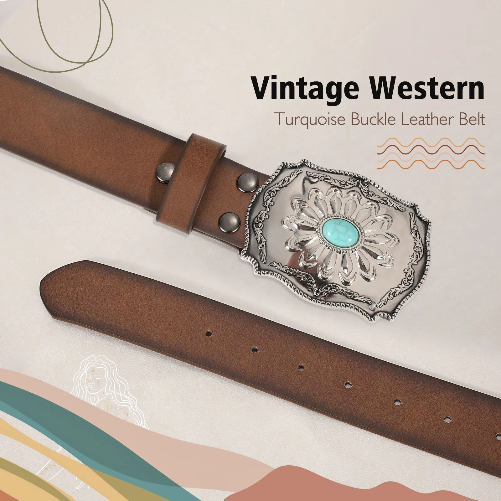 Unisex Western Style Boho Turquoise Faux PU Leather Belt For Cowboy Cowgirl