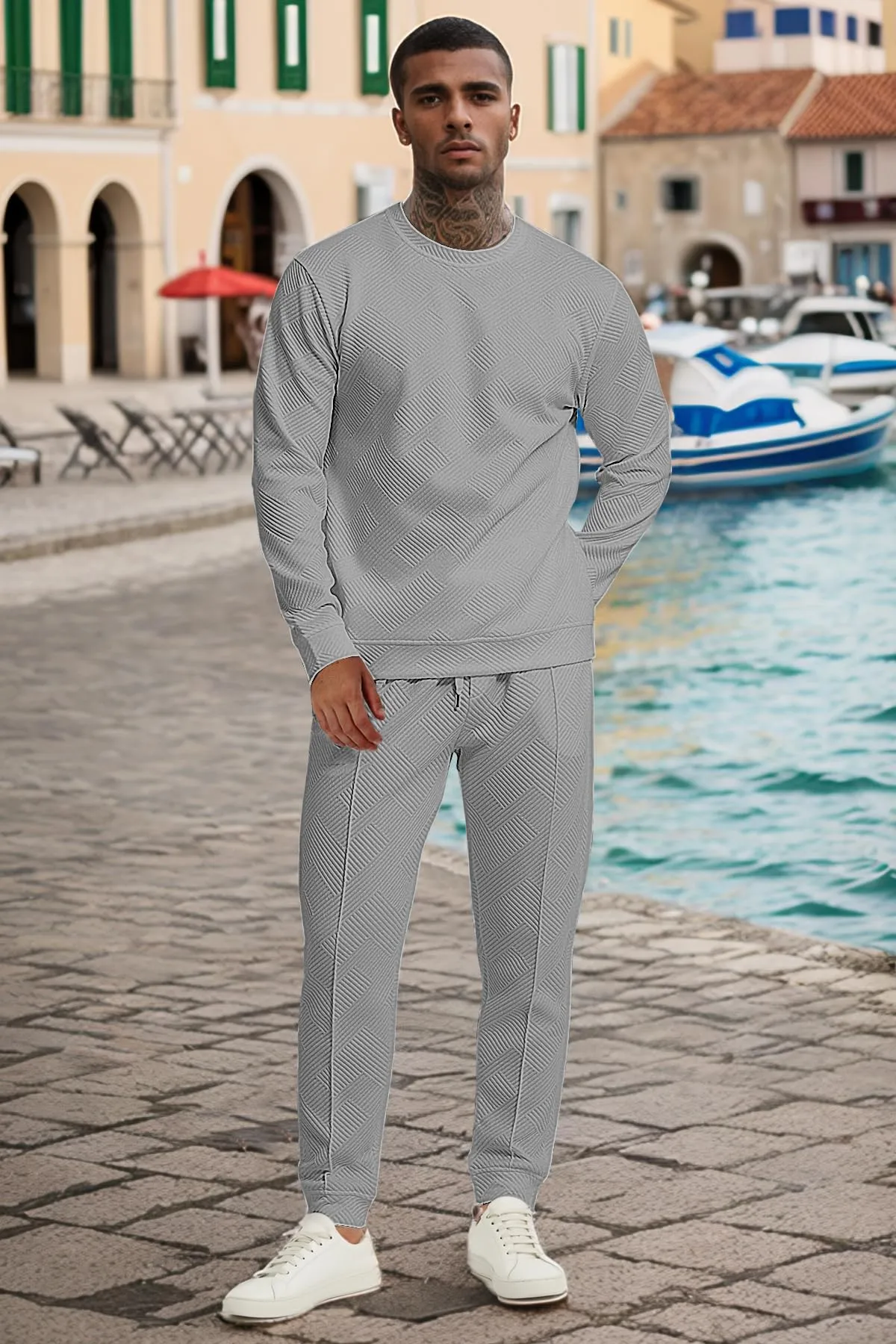 UOUA Men's 2 Piece Sweat Suits Set Long Sleeve Sweatshirt Jogging Sweatpants Tracksuits Outfits