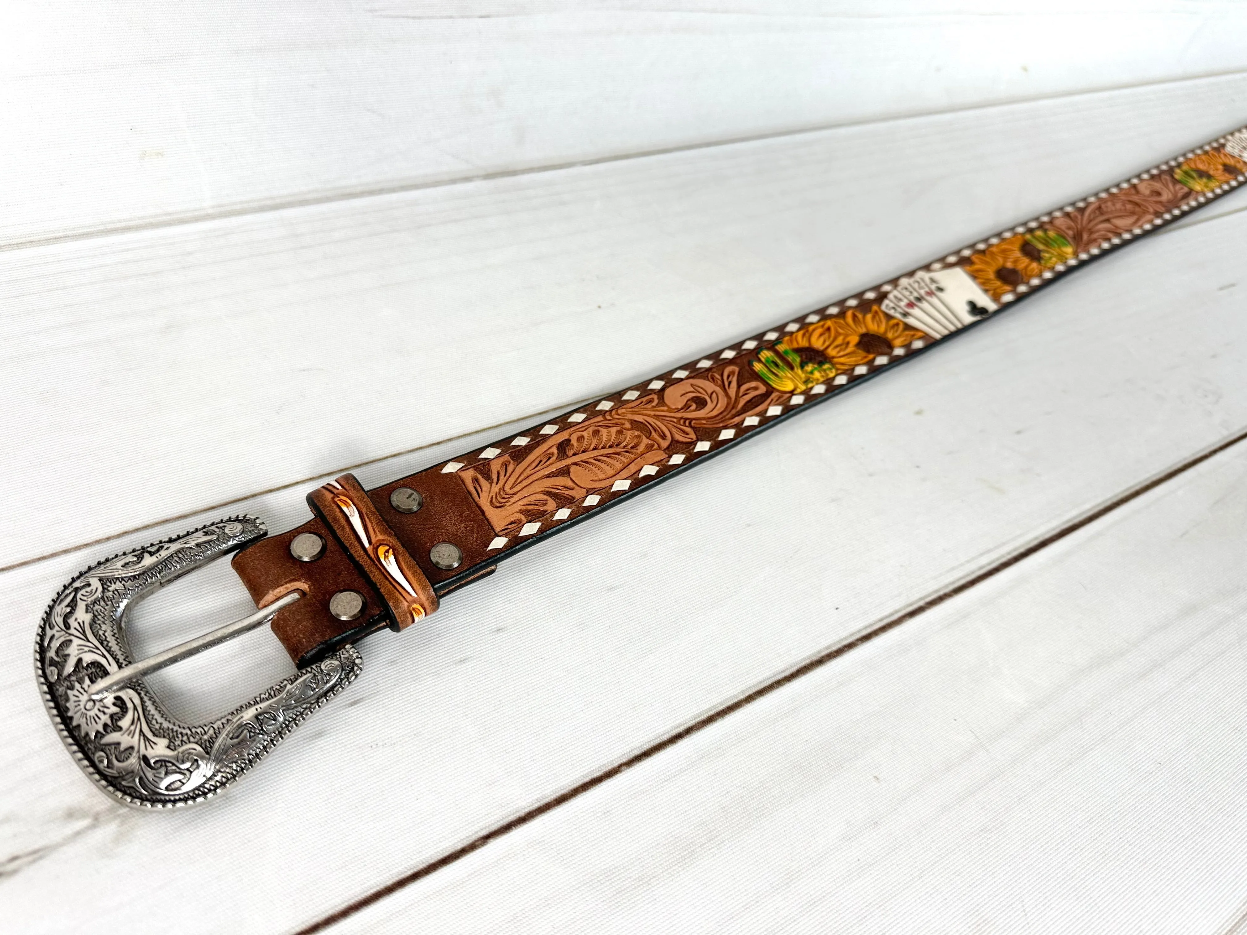 Vegas Desert Sunflower Tooled Leather Woman’s Belt