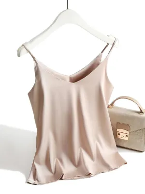 Vintage Spaghetti Strap Halter V Neck Satin Silk Tank Top