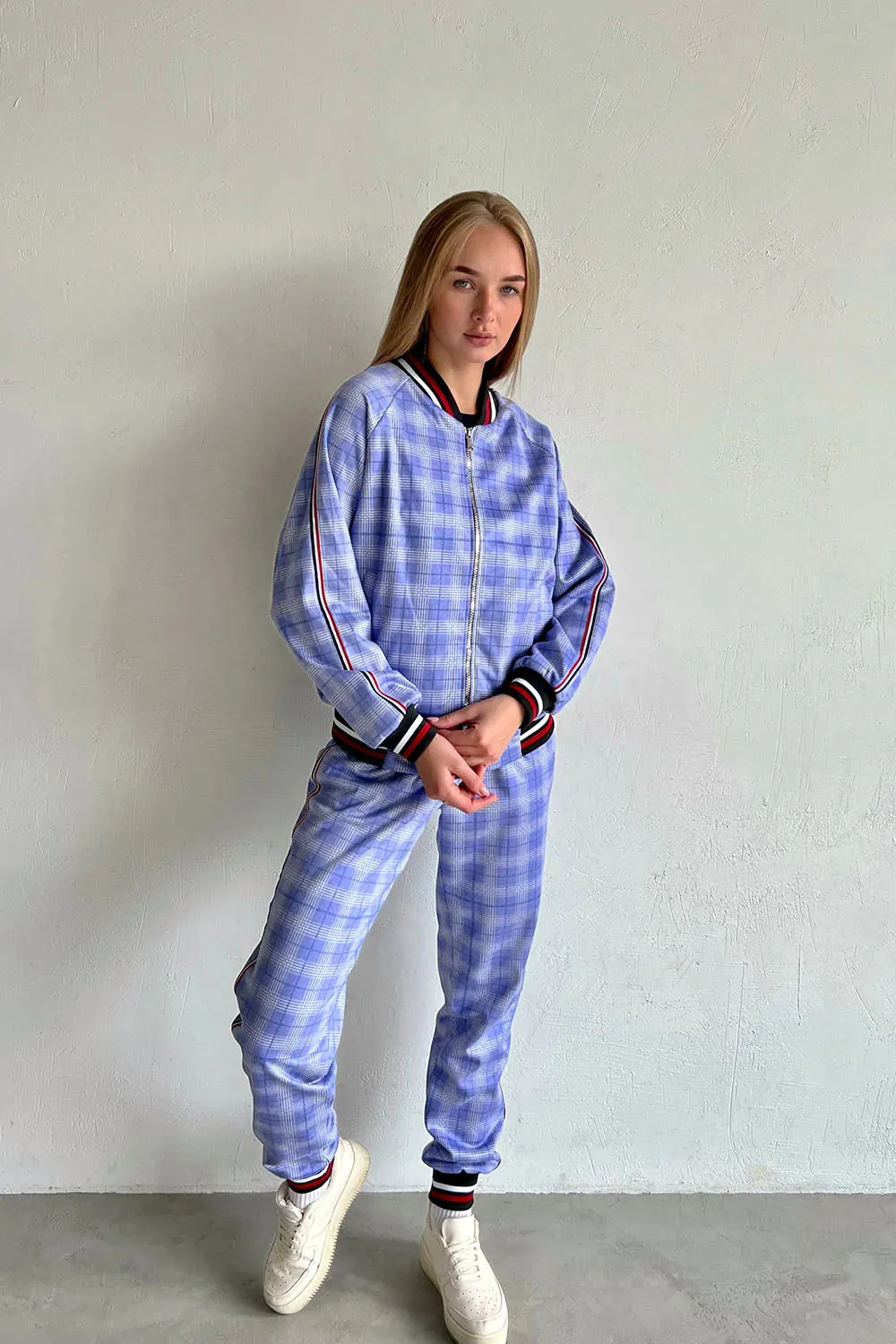 Violet and blue checkered women's tracksuit