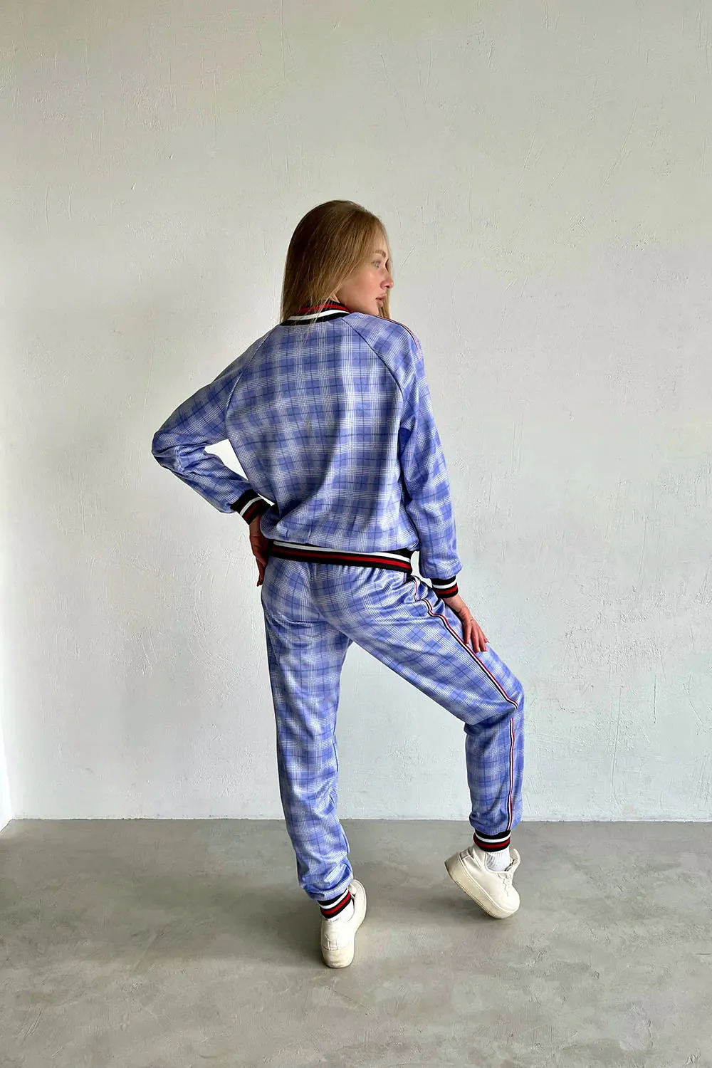 Violet and blue checkered women's tracksuit