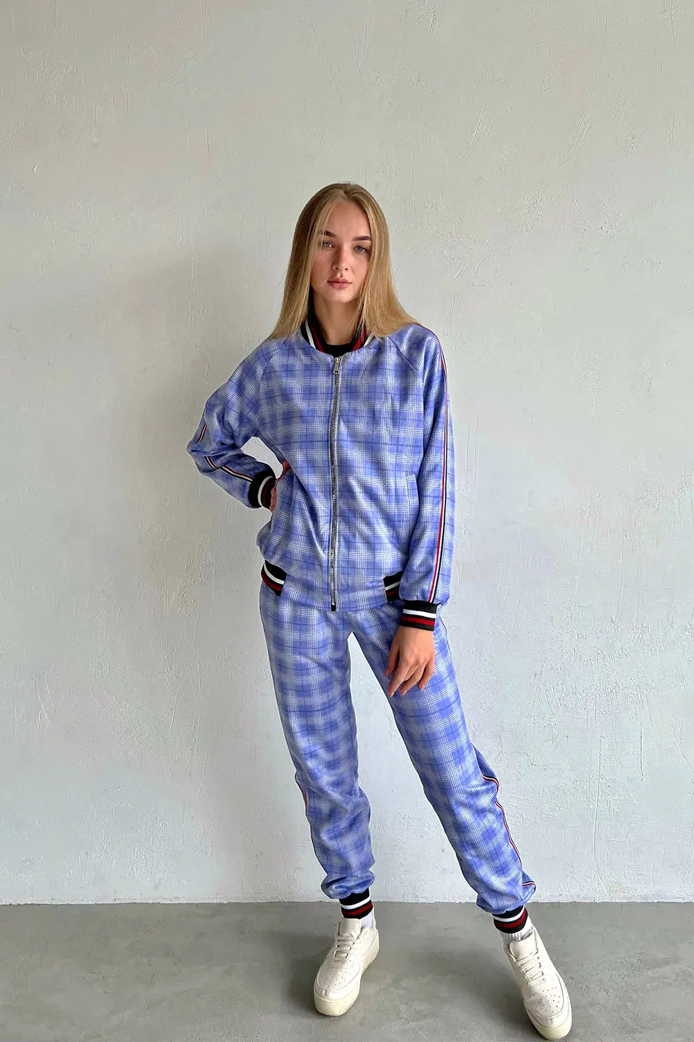 Violet and blue checkered women's tracksuit