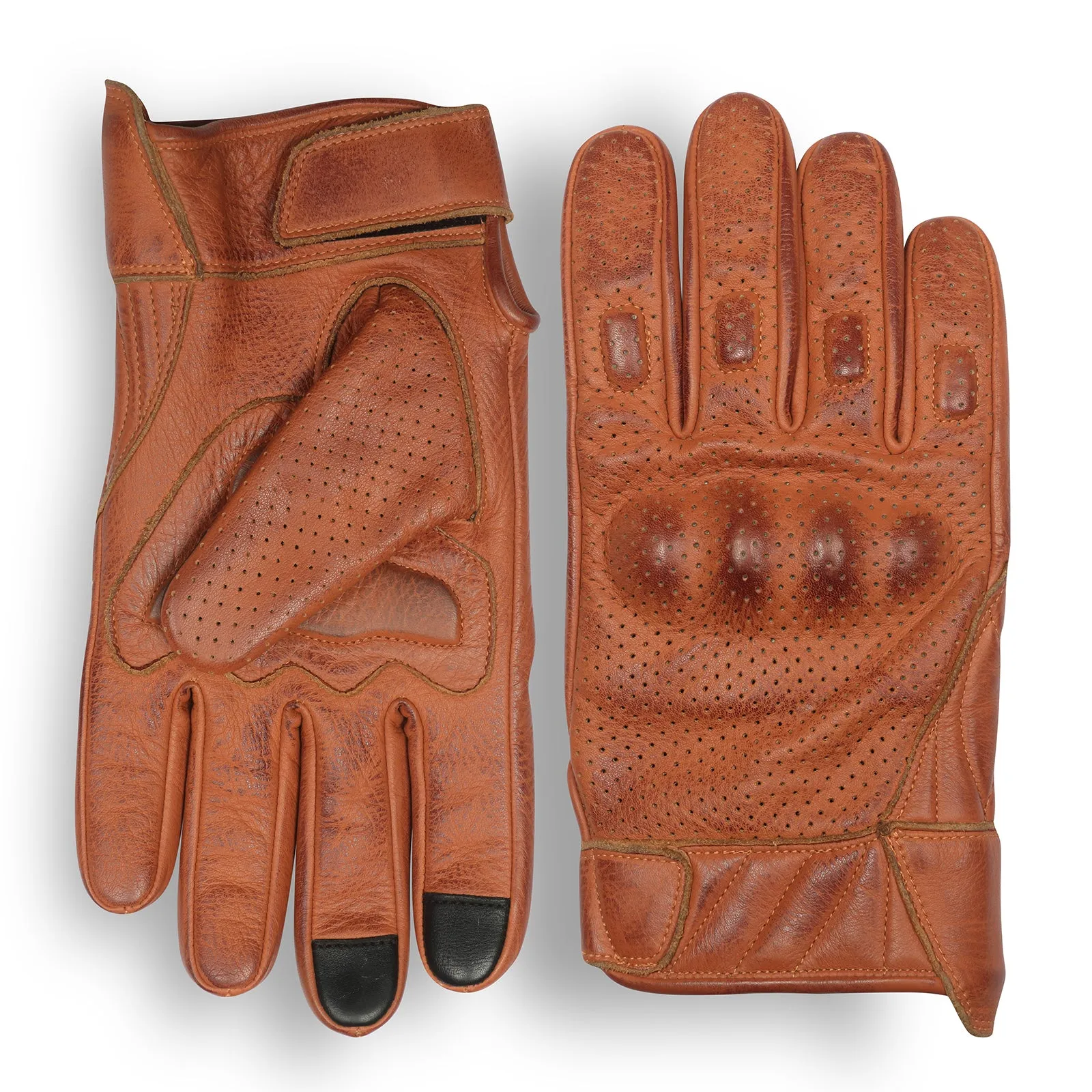 VL412Br Men's Premium Waxed Austin Brown Leather Perforated Motorcycle Gloves