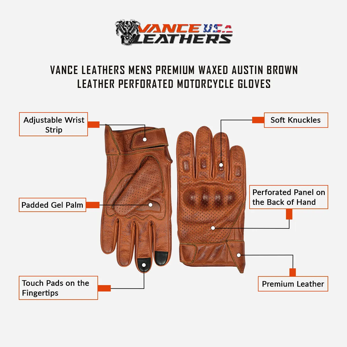 VL412Br Men's Premium Waxed Austin Brown Leather Perforated Motorcycle Gloves