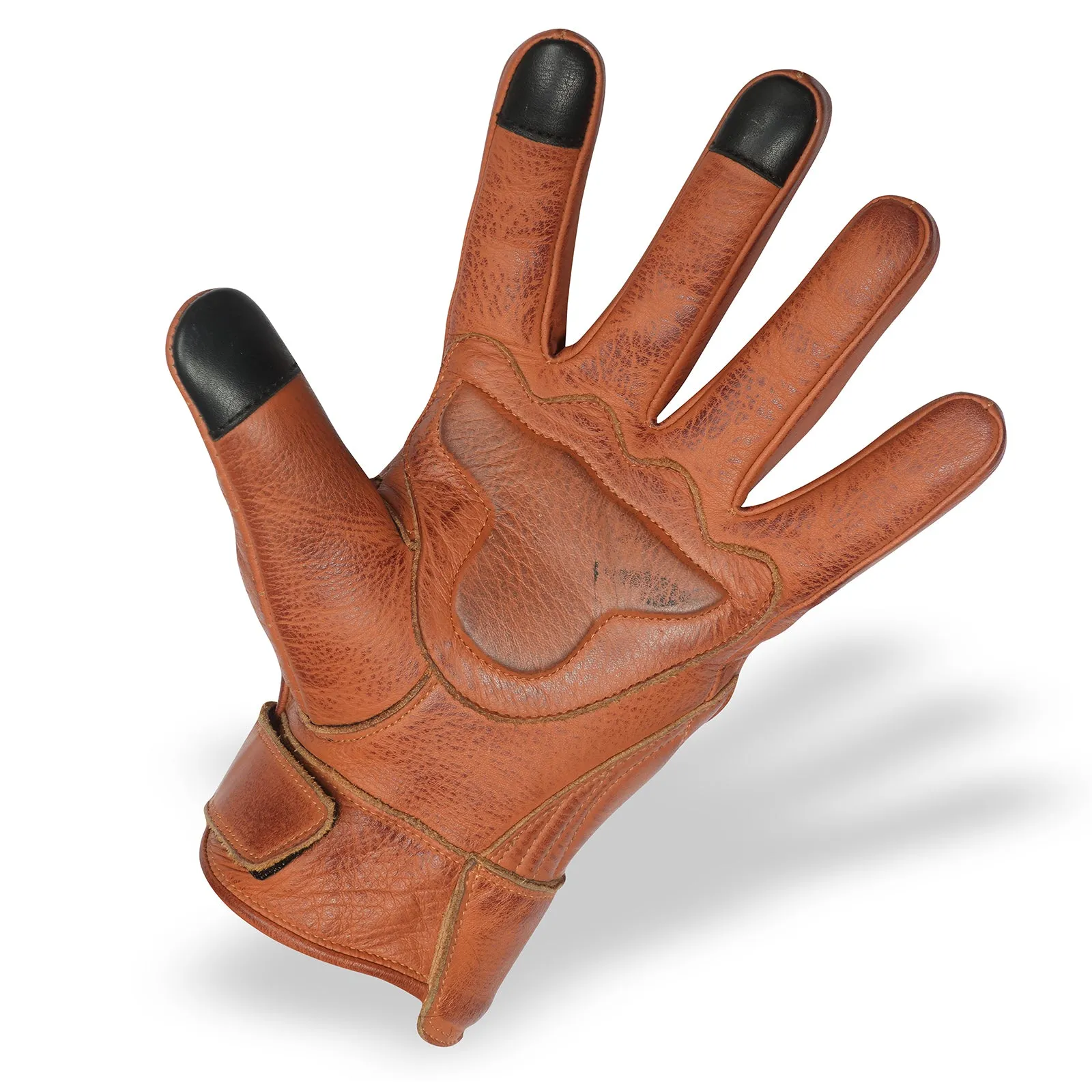 VL412Br Men's Premium Waxed Austin Brown Leather Perforated Motorcycle Gloves
