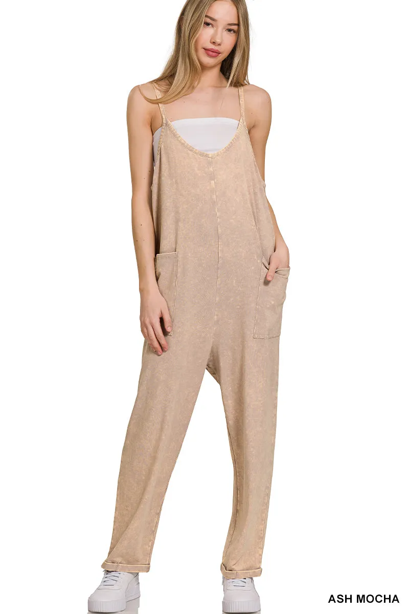 Washed spaghetti straps overalls with pockets