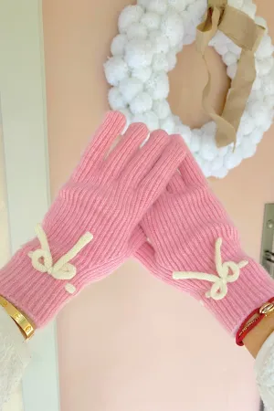 White Bow Pink Winter Gloves