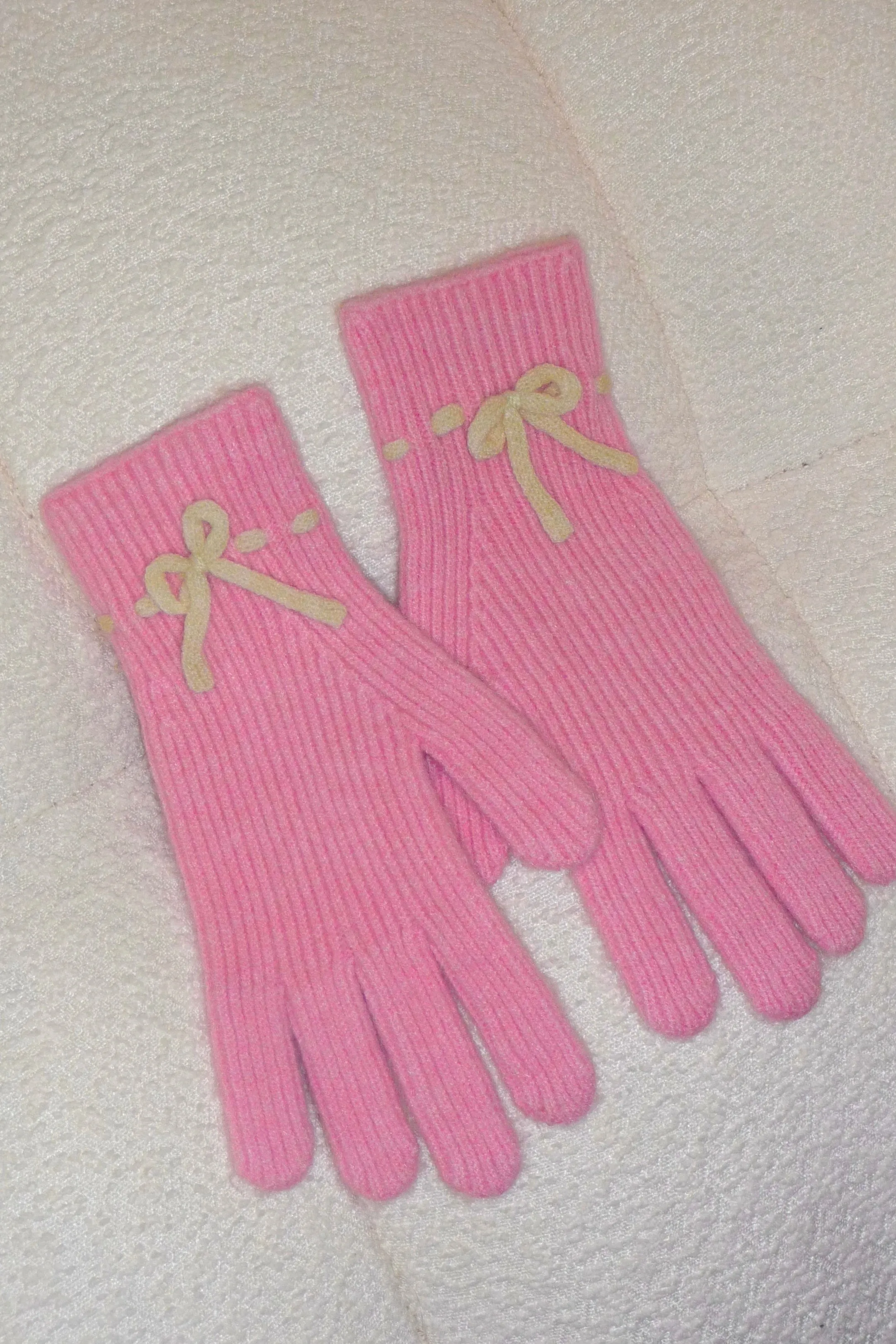 White Bow Pink Winter Gloves