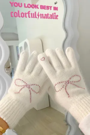 White Bow Rhinestone Gloves
