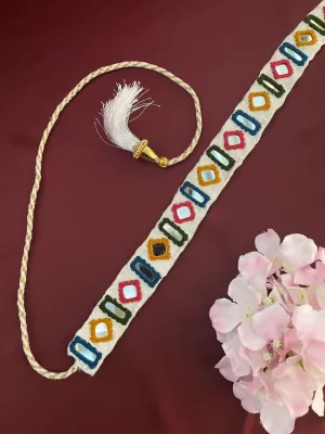 White Fabric Waist-Belt  Square Rectangle Mirror Work Banjara Kamar-Bandh