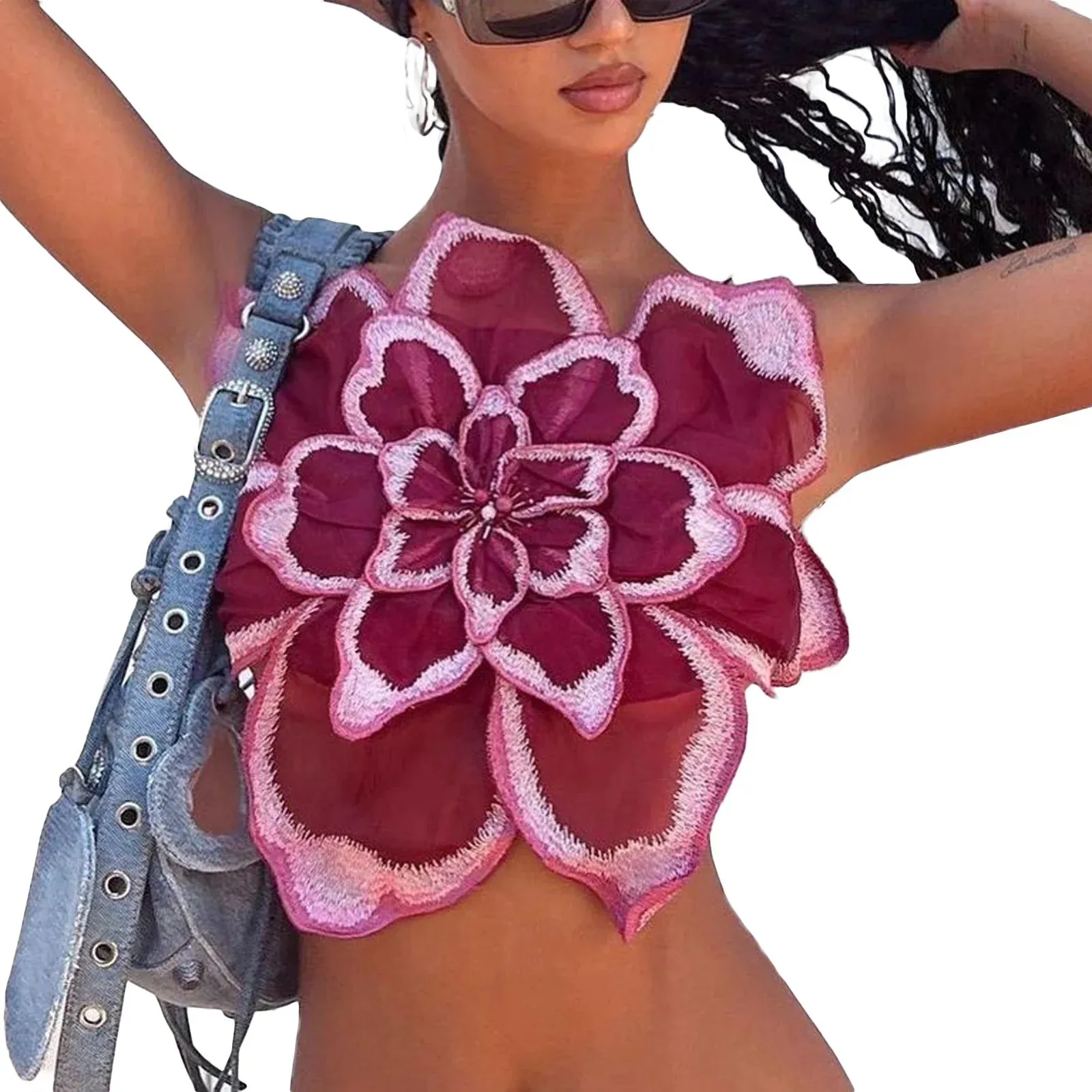 Women 3D Flower Cami Top y2k Sleeveless Backless Spaghetti Strap Crop Top for Going Out Party Streetwear