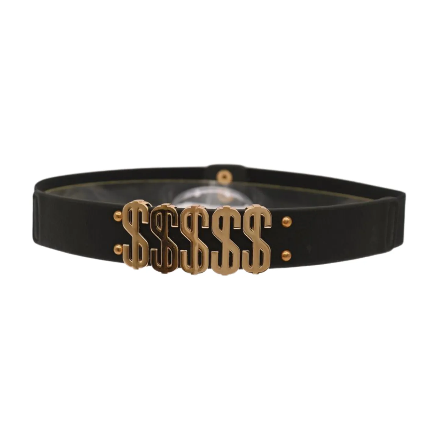 Women Black Elastic Fashion Belt Gold Metal Dollar Sign $$$$$ Size S M
