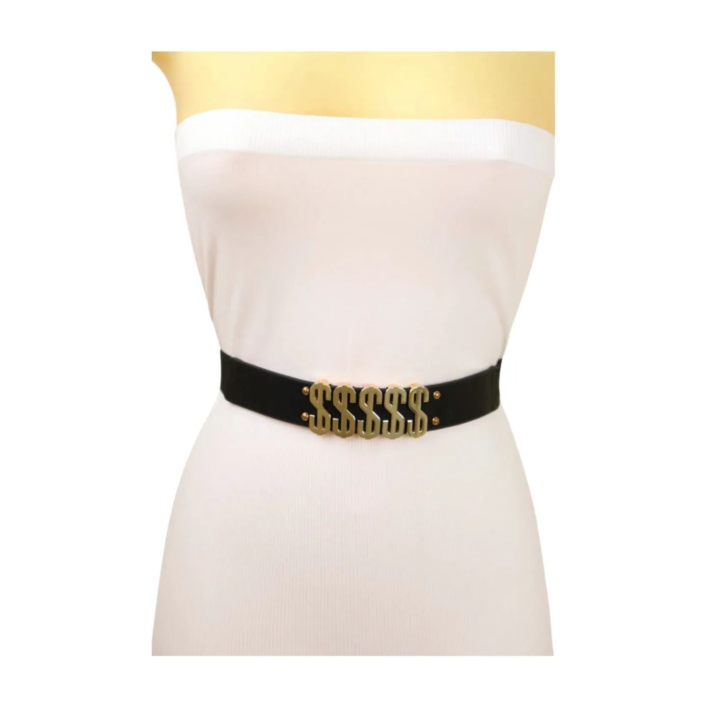 Women Black Elastic Fashion Belt Gold Metal Dollar Sign $$$$$ Size S M