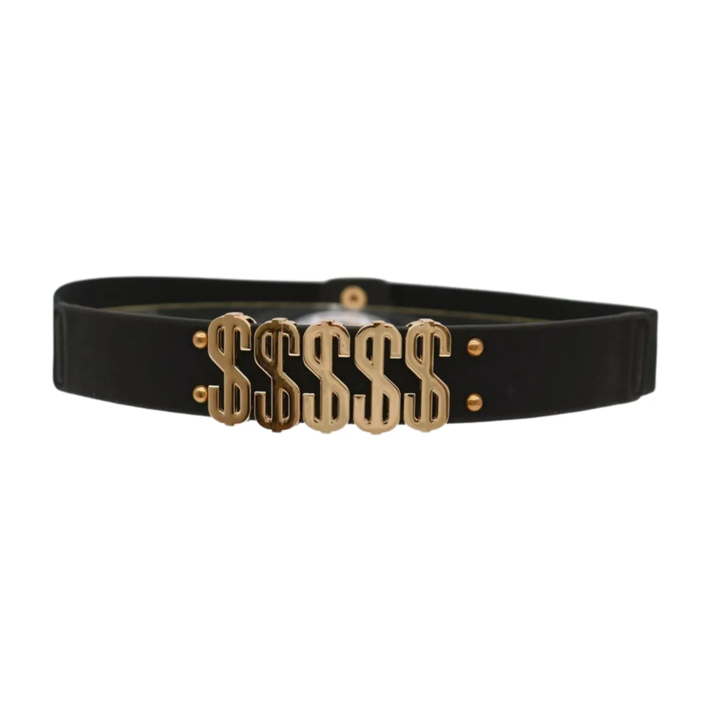Women Black Elastic Fashion Belt Gold Metal Dollar Sign $$$$$ Size S M