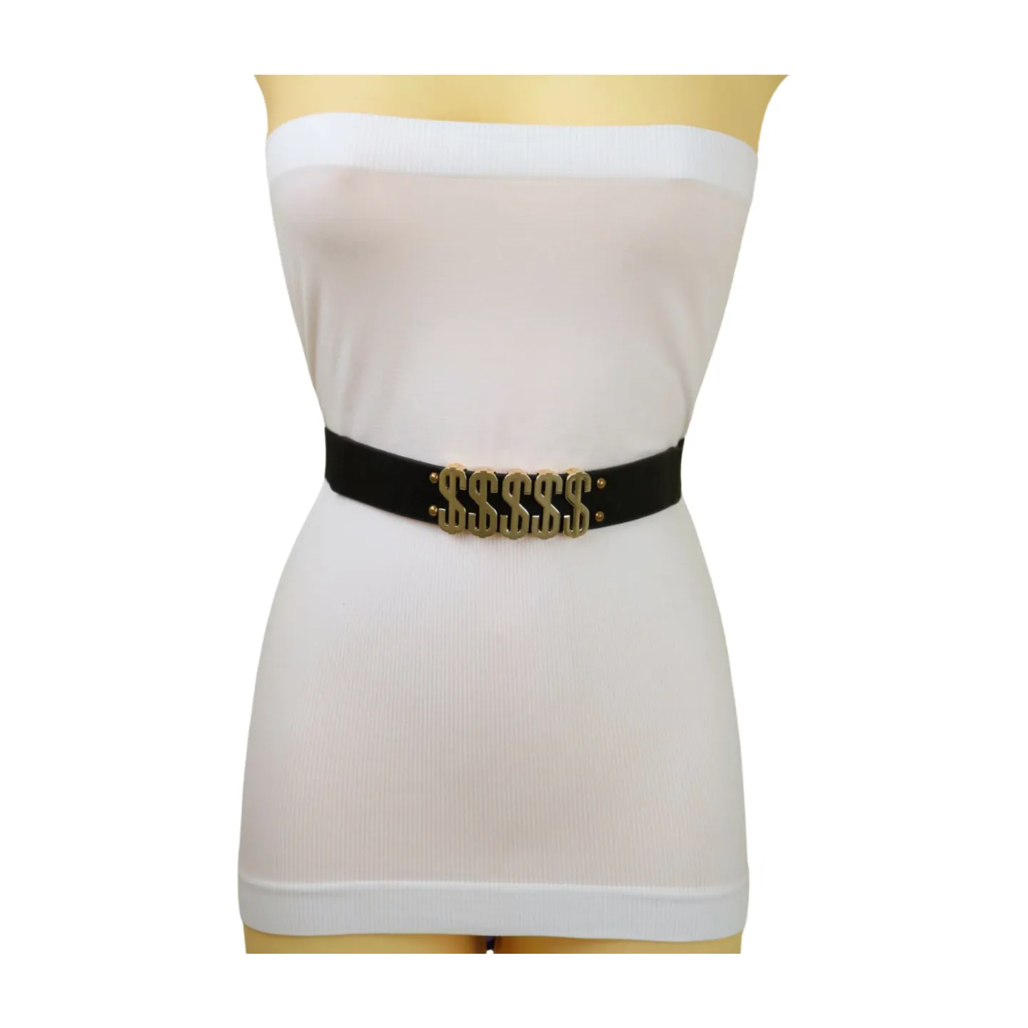 Women Black Elastic Fashion Belt Gold Metal Dollar Sign $$$$$ Size S M