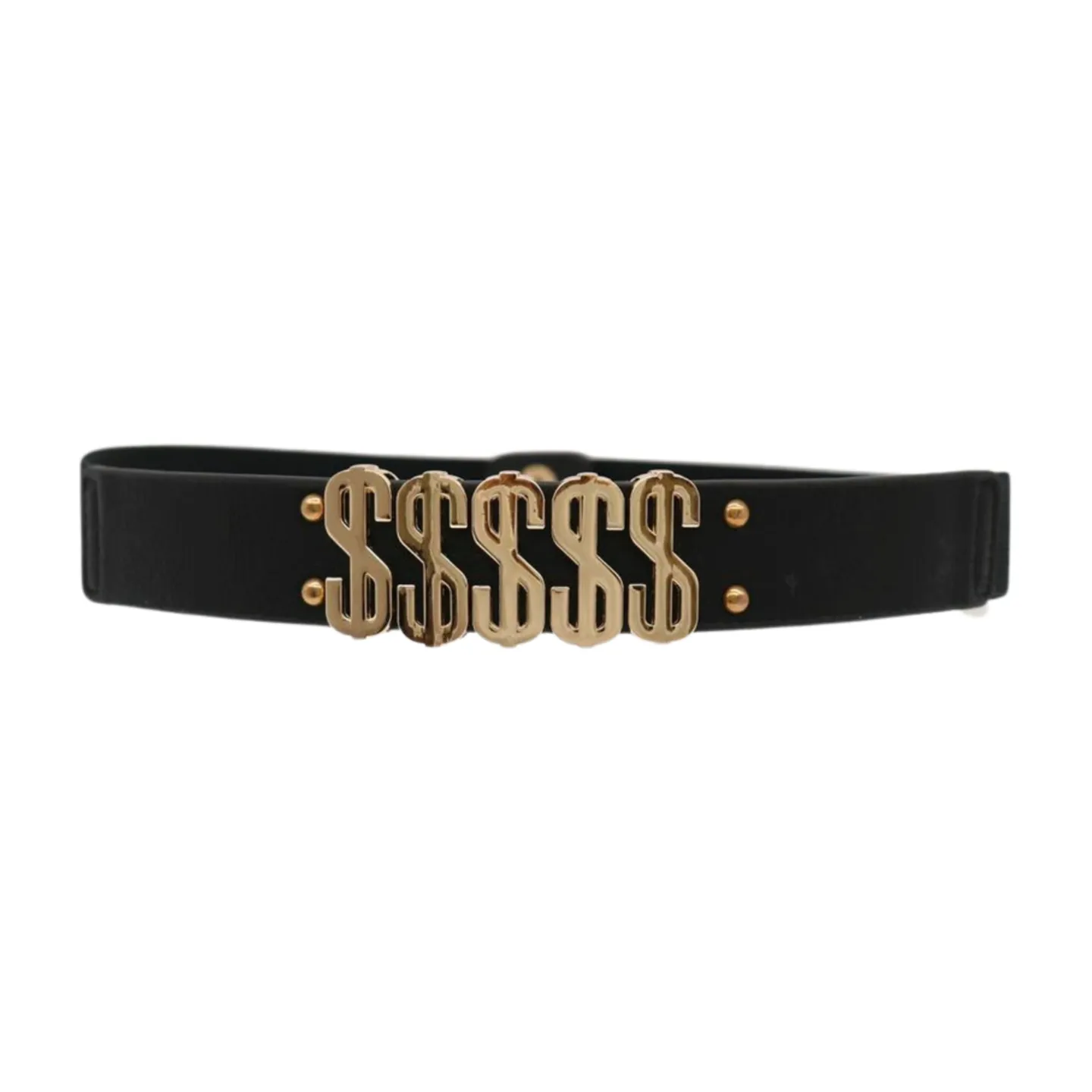 Women Black Elastic Fashion Belt Gold Metal Dollar Sign $$$$$ Size S M
