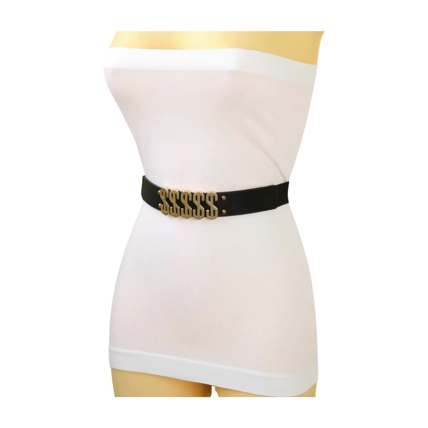 Women Black Elastic Fashion Belt Gold Metal Dollar Sign $$$$$ Size S M