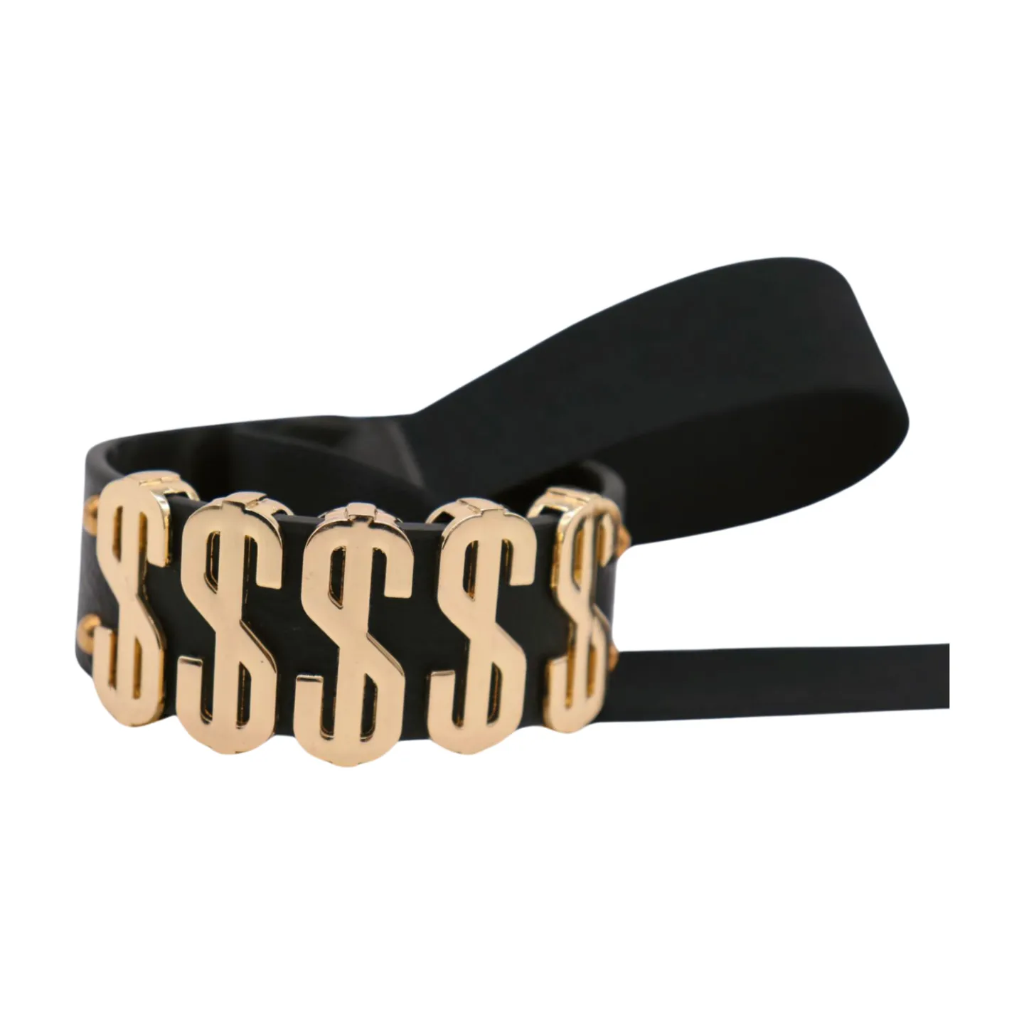 Women Black Elastic Fashion Belt Gold Metal Dollar Sign $$$$$ Size S M