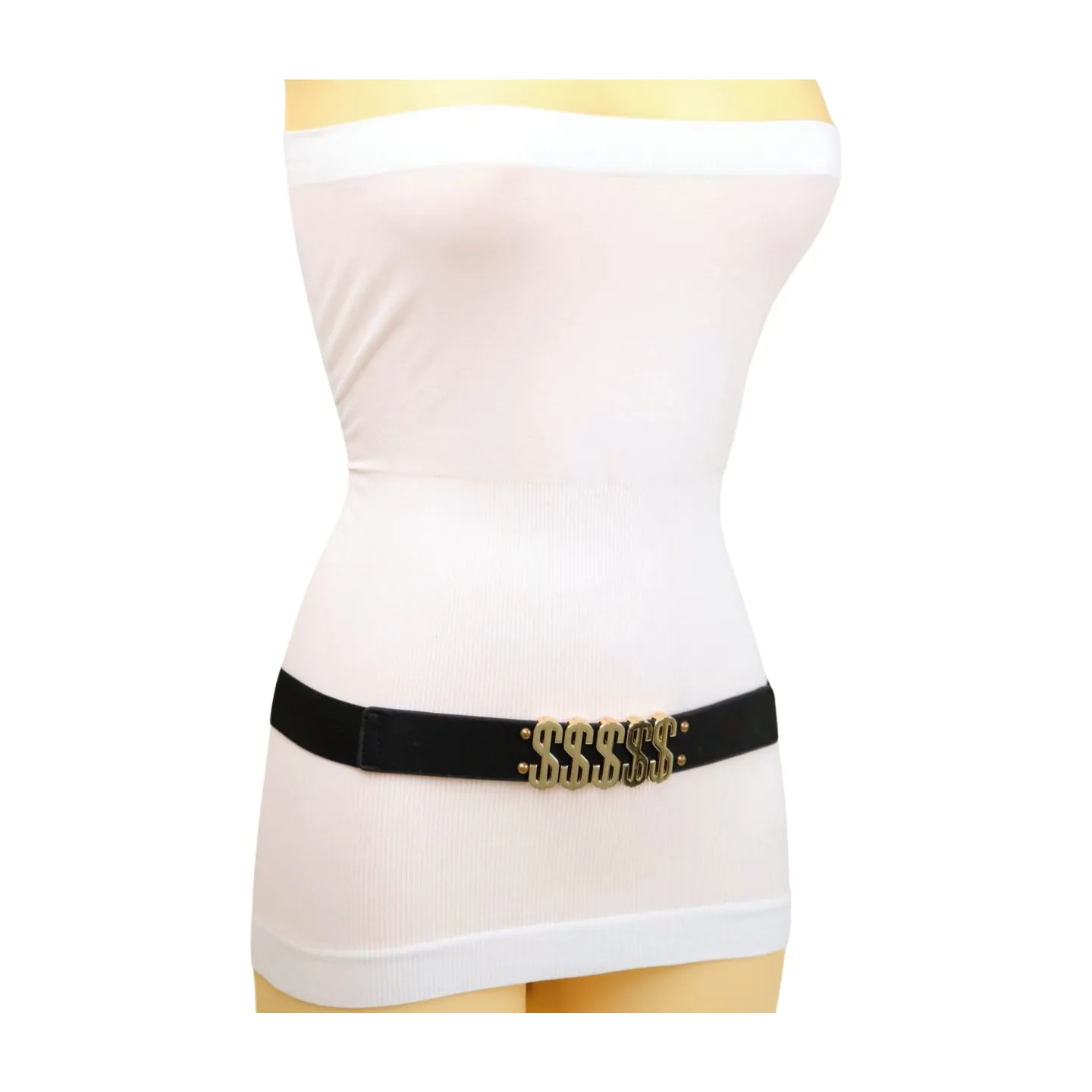 Women Black Elastic Fashion Belt Gold Metal Dollar Sign $$$$$ Size S M