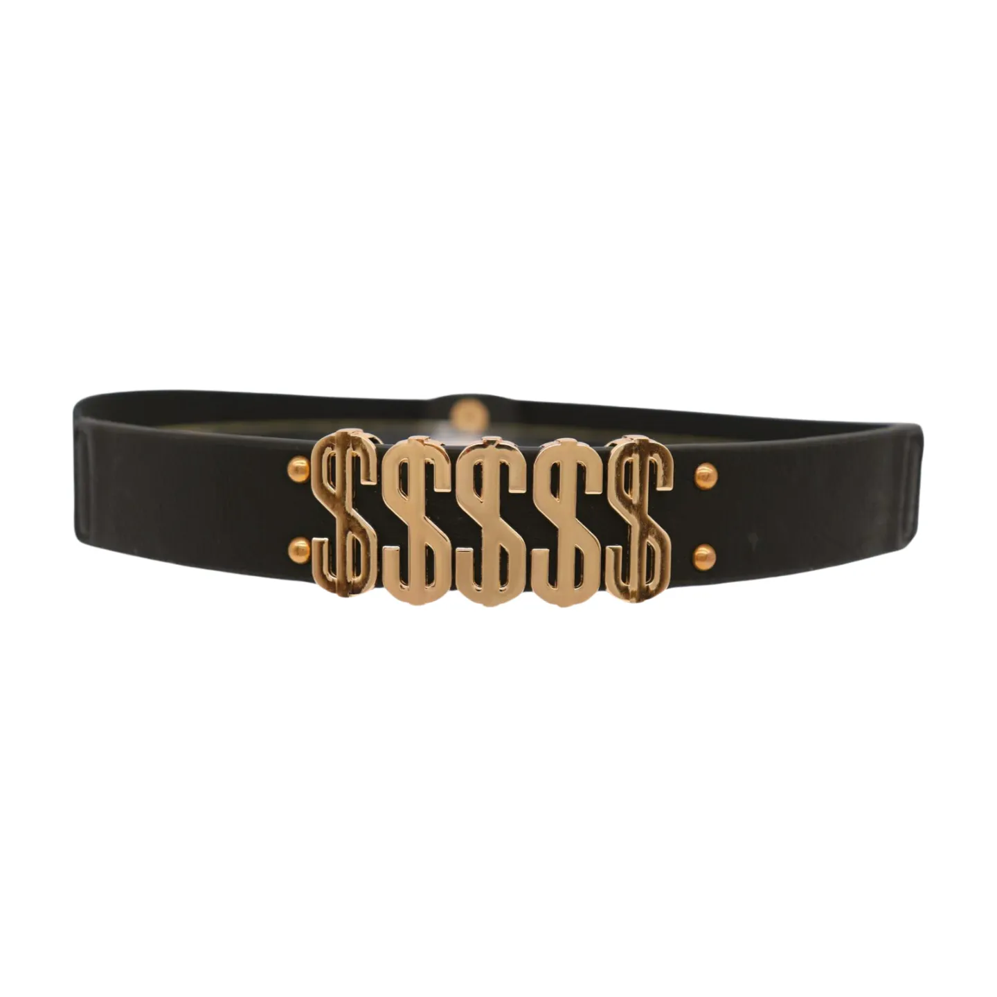 Women Black Elastic Fashion Belt Gold Metal Dollar Sign $$$$$ Size S M