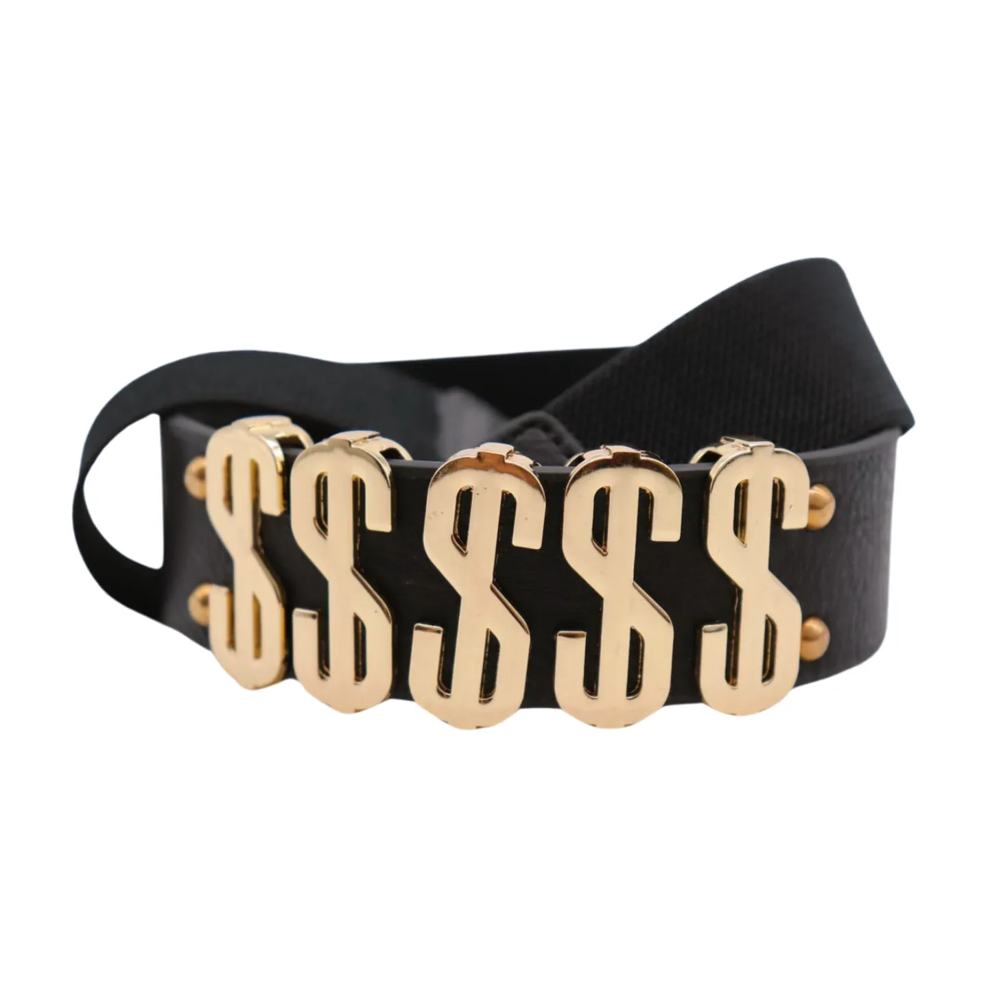 Women Black Elastic Fashion Belt Gold Metal Dollar Sign $$$$$ Size S M