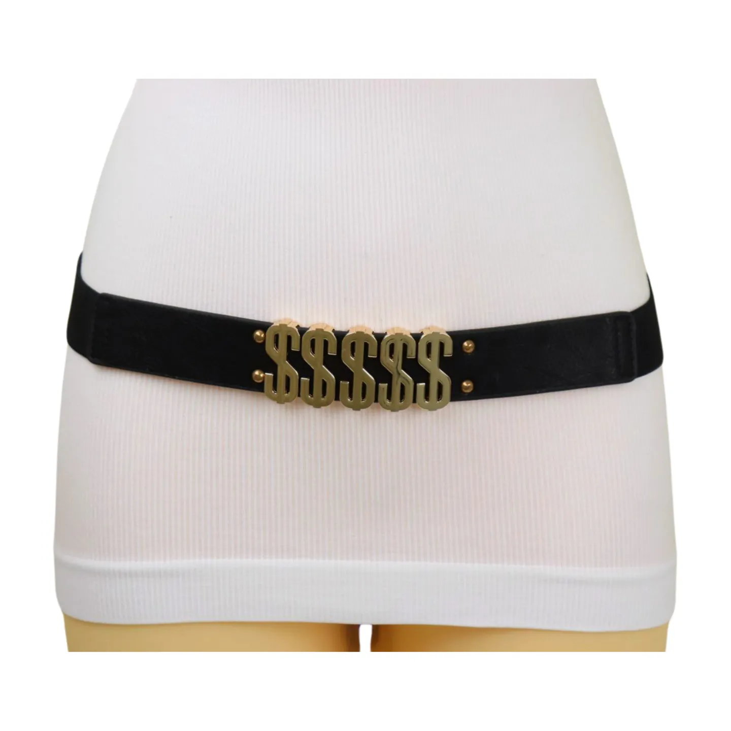 Women Black Elastic Fashion Belt Gold Metal Dollar Sign $$$$$ Size S M