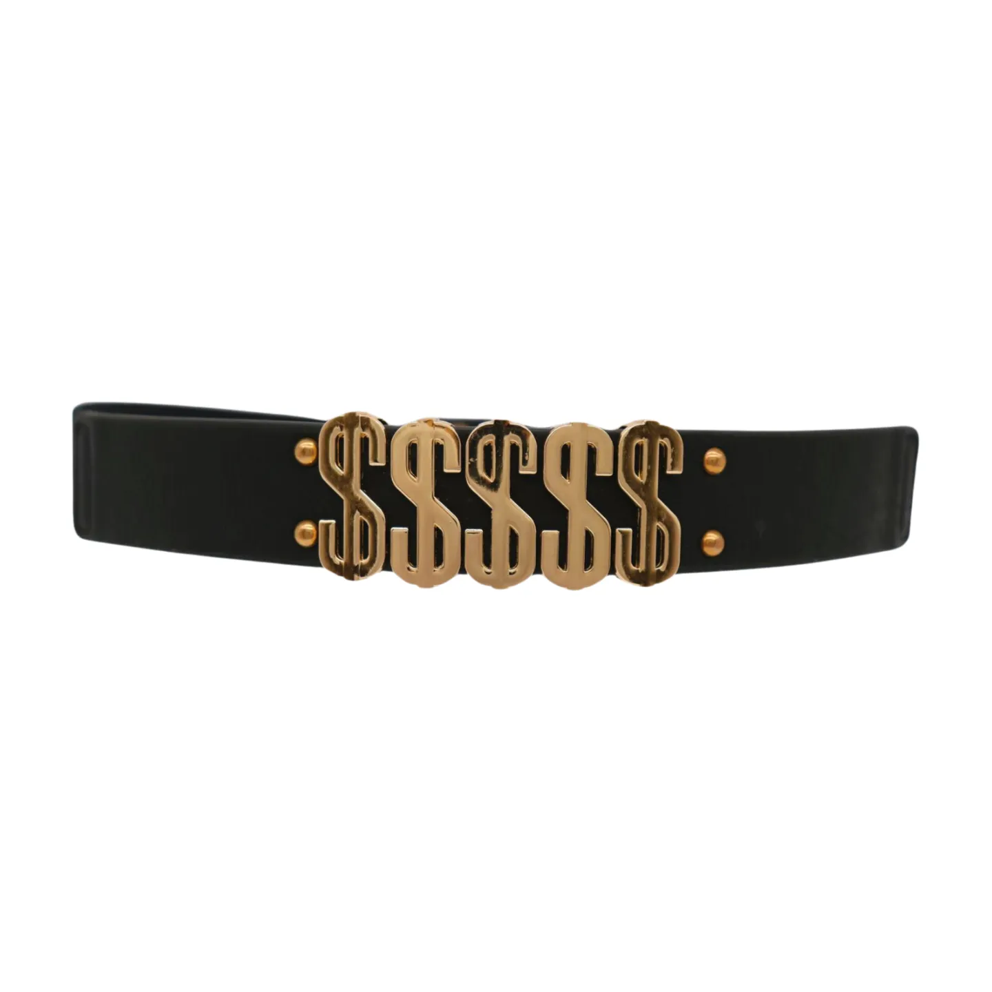 Women Black Elastic Fashion Belt Gold Metal Dollar Sign $$$$$ Size S M