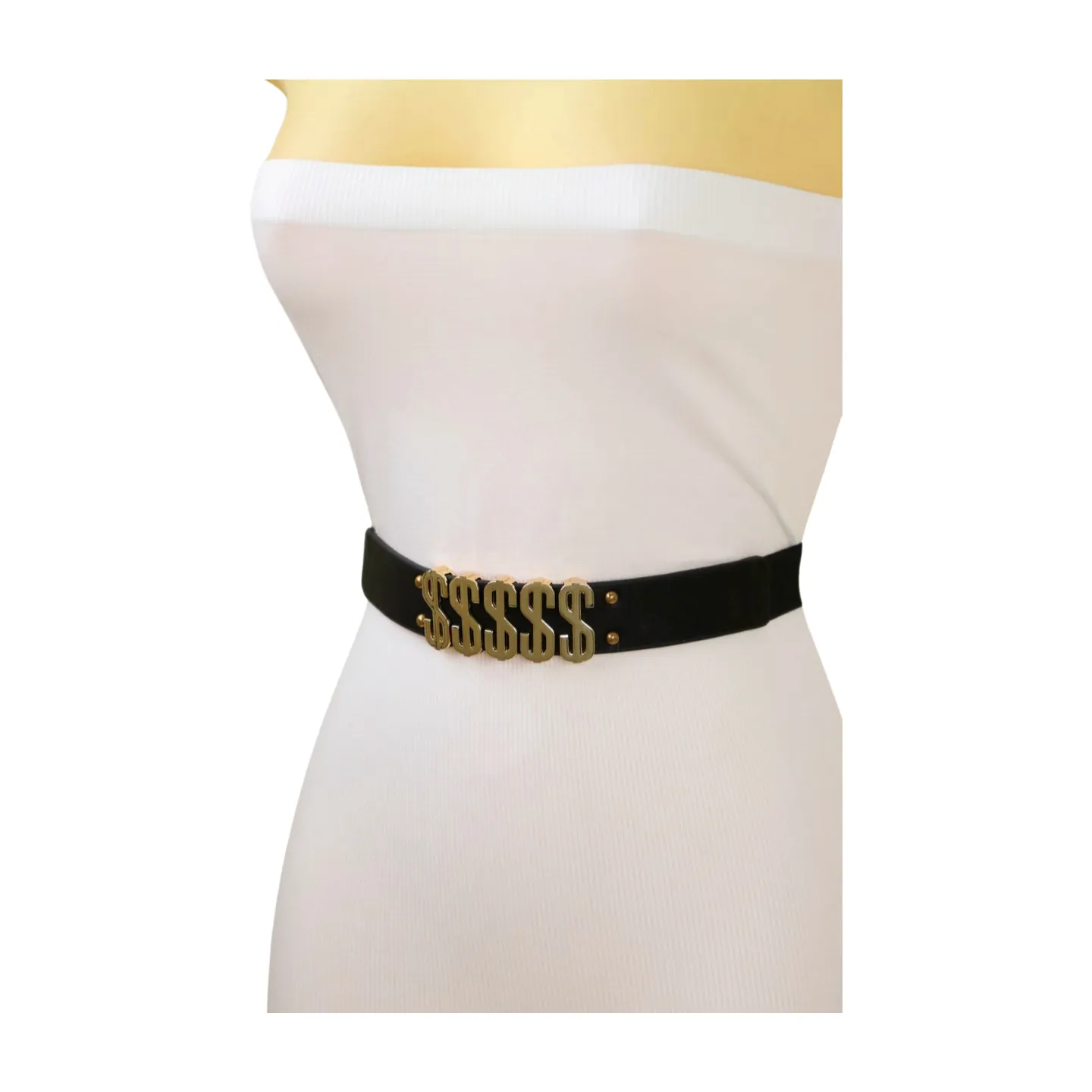 Women Black Elastic Fashion Belt Gold Metal Dollar Sign $$$$$ Size S M