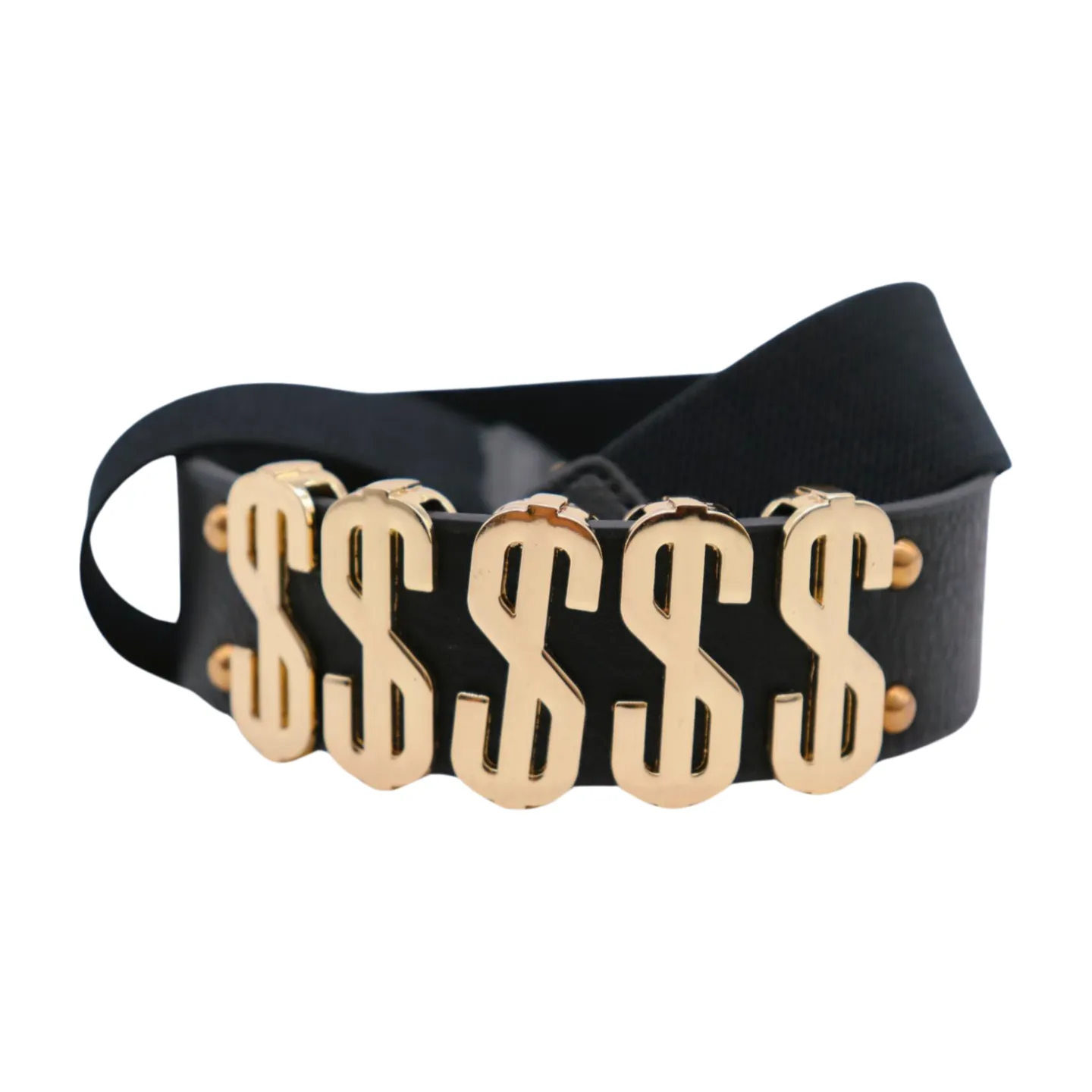 Women Black Elastic Fashion Belt Gold Metal Dollar Sign $$$$$ Size S M