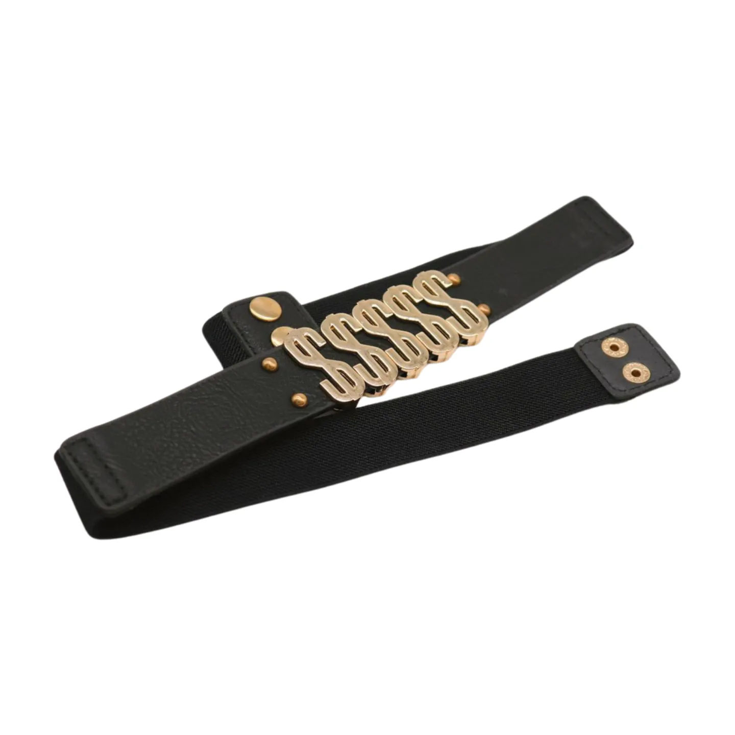 Women Black Elastic Fashion Belt Gold Metal Dollar Sign $$$$$ Size S M