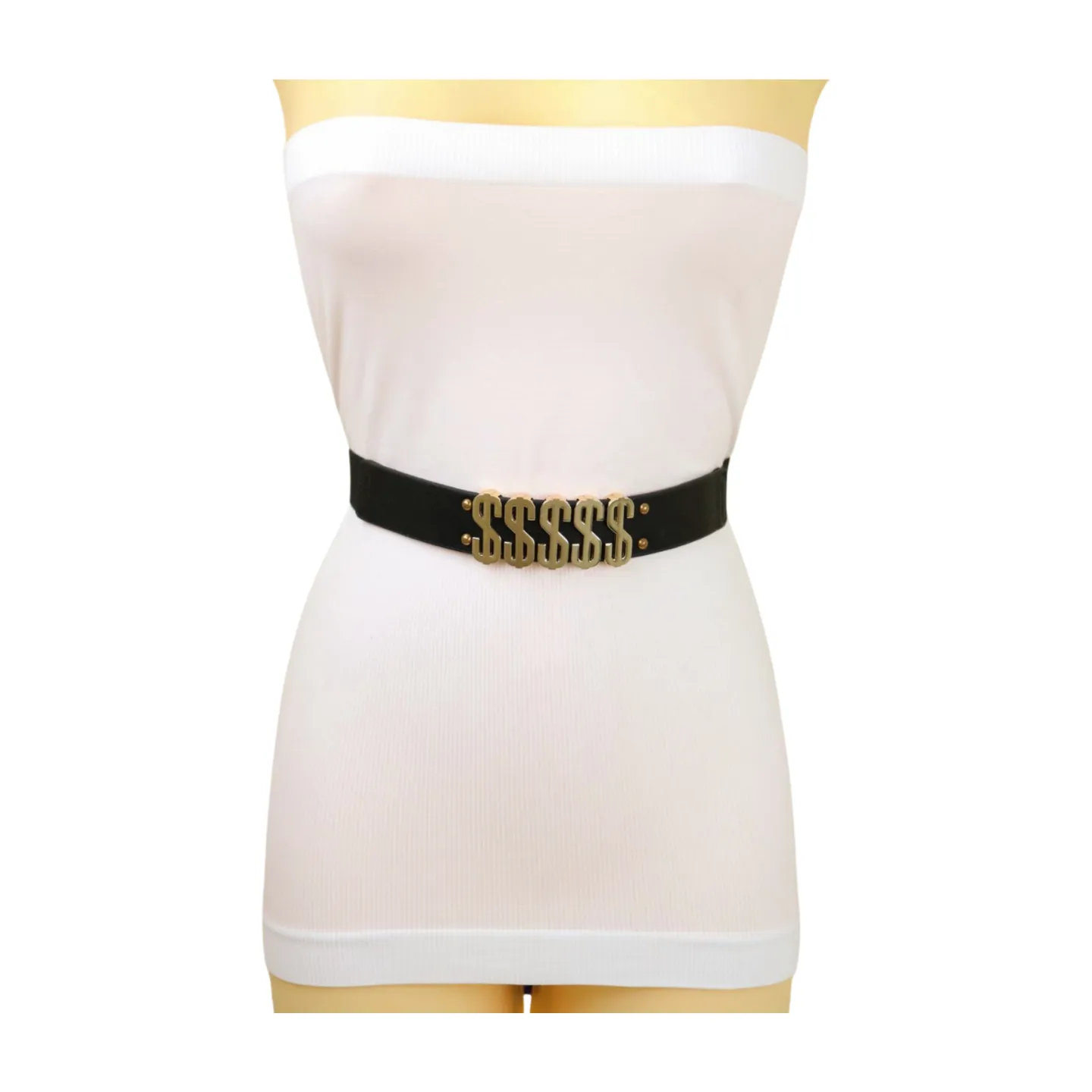 Women Black Elastic Fashion Belt Gold Metal Dollar Sign $$$$$ Size S M