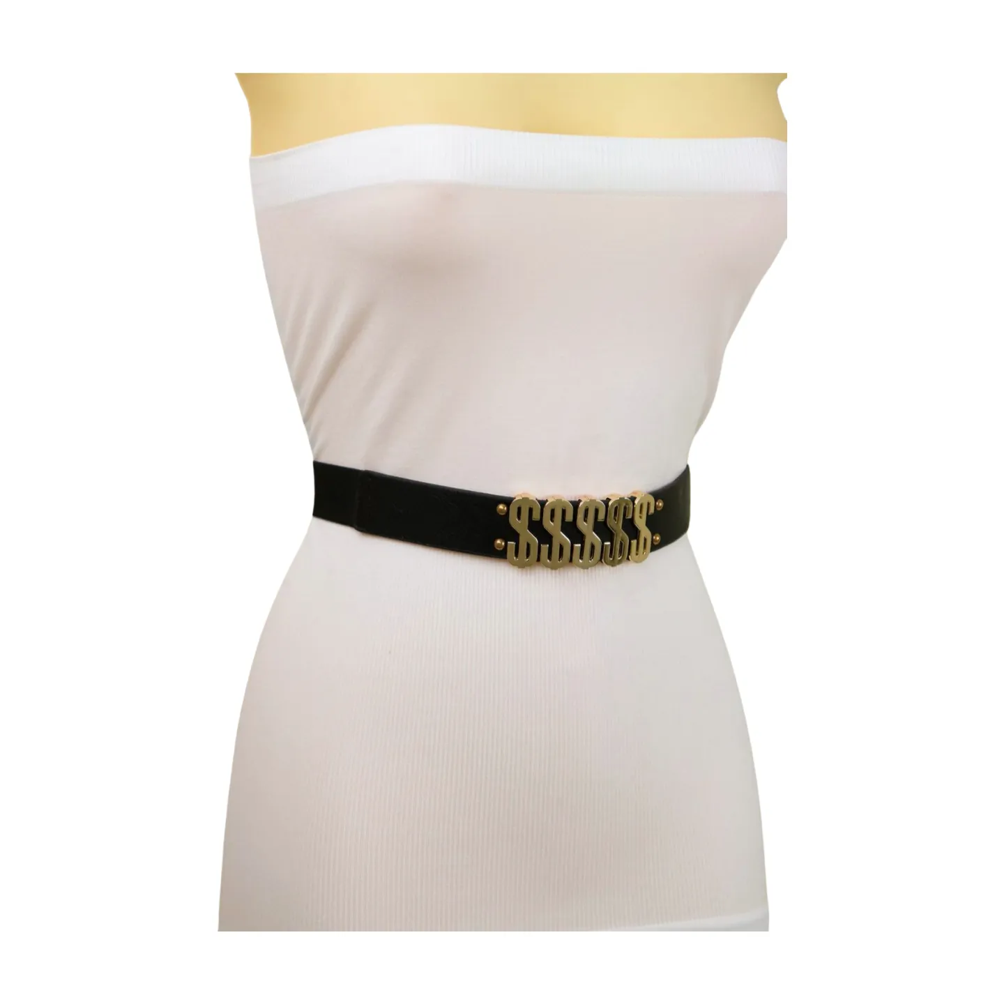 Women Black Elastic Fashion Belt Gold Metal Dollar Sign $$$$$ Size S M