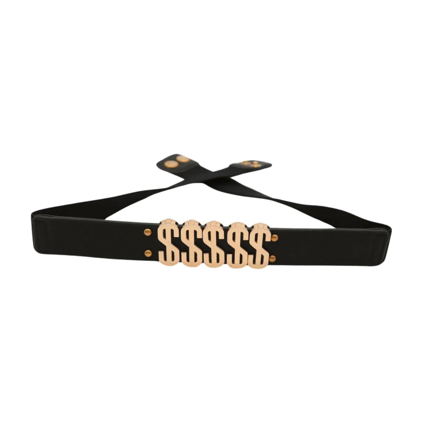 Women Black Elastic Fashion Belt Gold Metal Dollar Sign $$$$$ Size S M