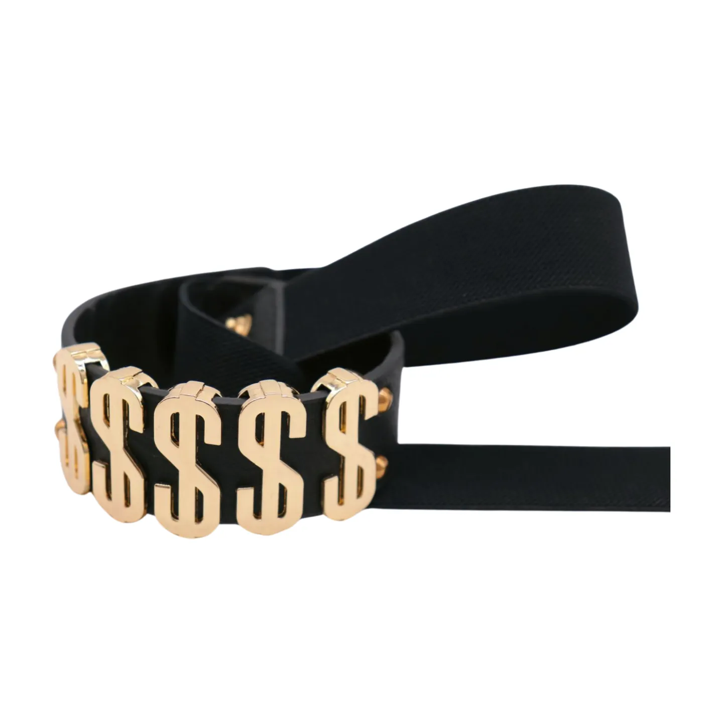 Women Black Elastic Fashion Belt Gold Metal Dollar Sign $$$$$ Size S M