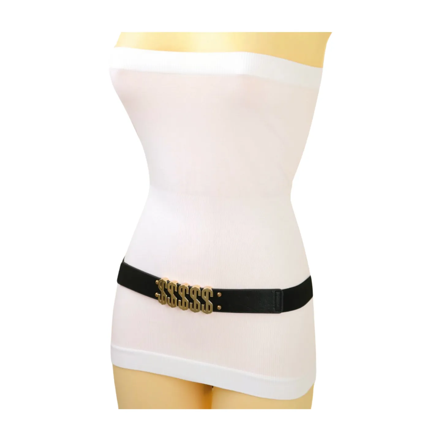 Women Black Elastic Fashion Belt Gold Metal Dollar Sign $$$$$ Size S M