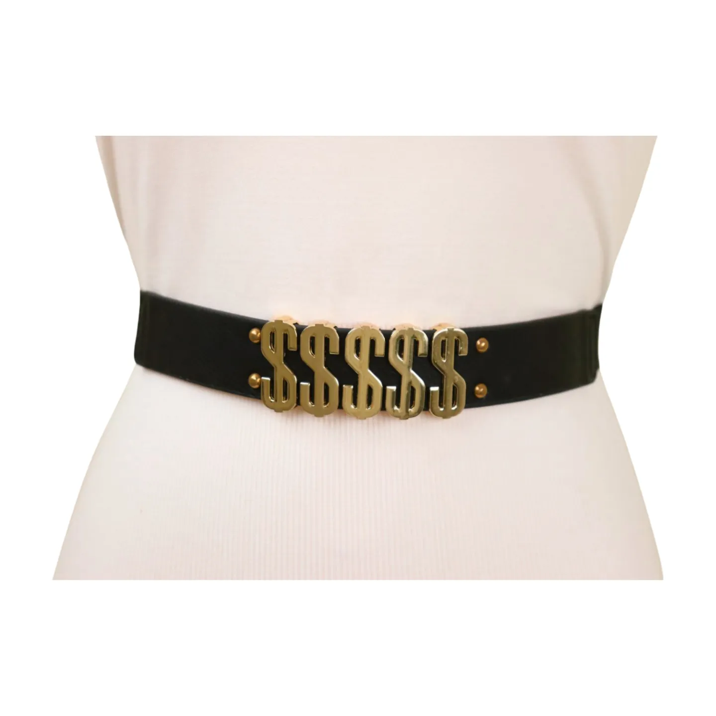 Women Black Elastic Fashion Belt Gold Metal Dollar Sign $$$$$ Size S M