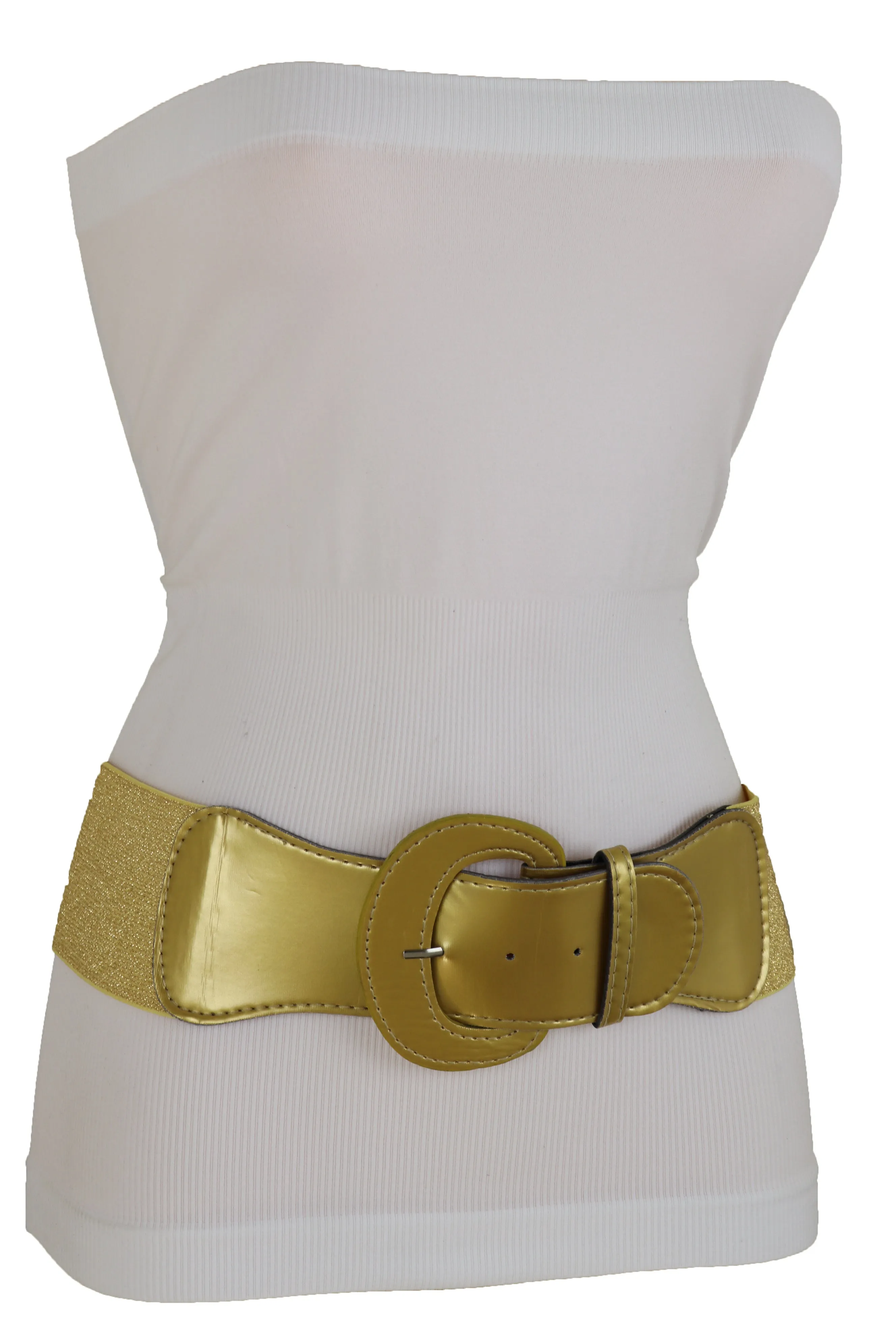 Women High Waist Hip Wide Elastic Gold Color Fashion Belt Big Buckle Day Night Easy Wear Size M L