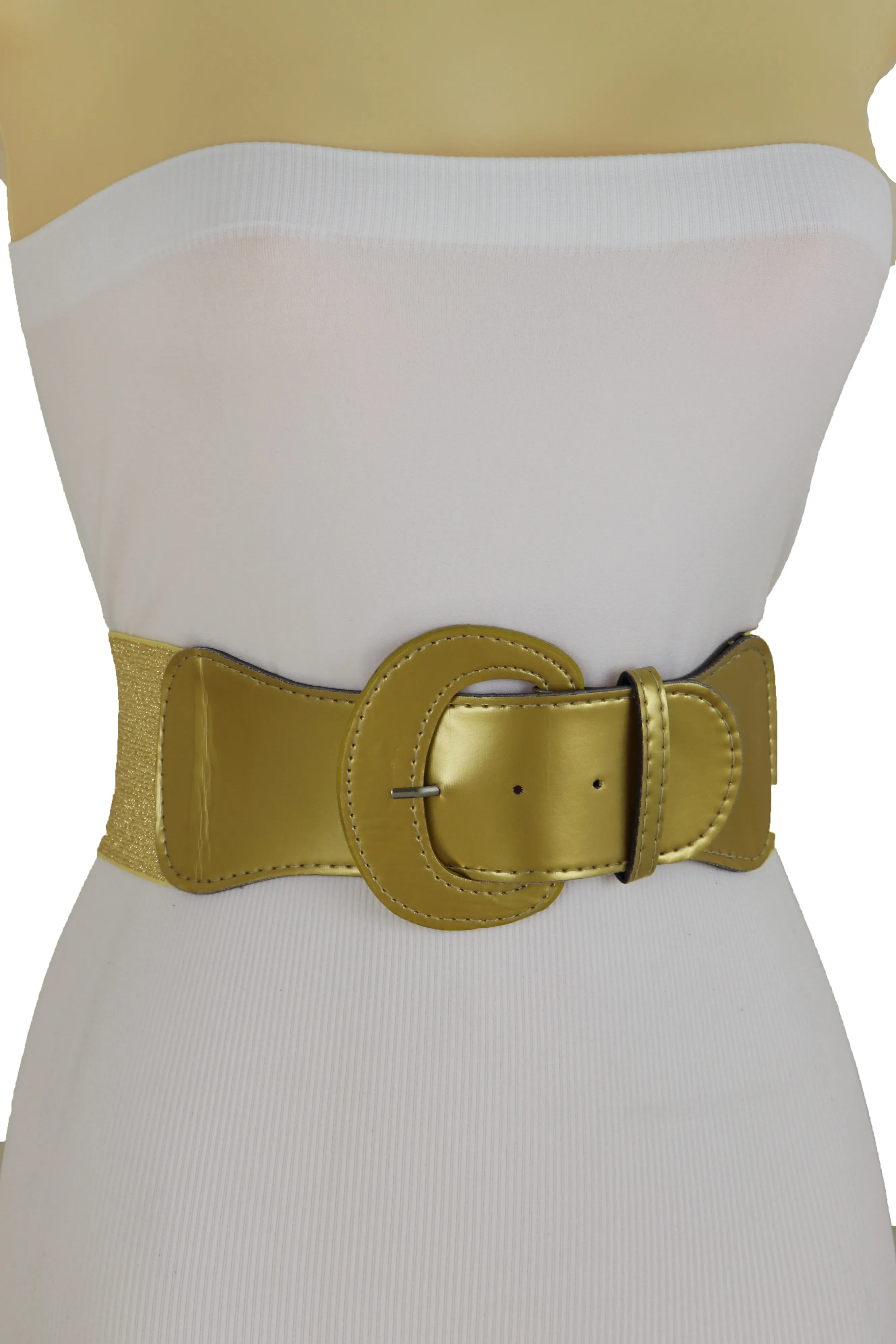 Women High Waist Hip Wide Elastic Gold Color Fashion Belt Big Buckle Day Night Easy Wear Size M L