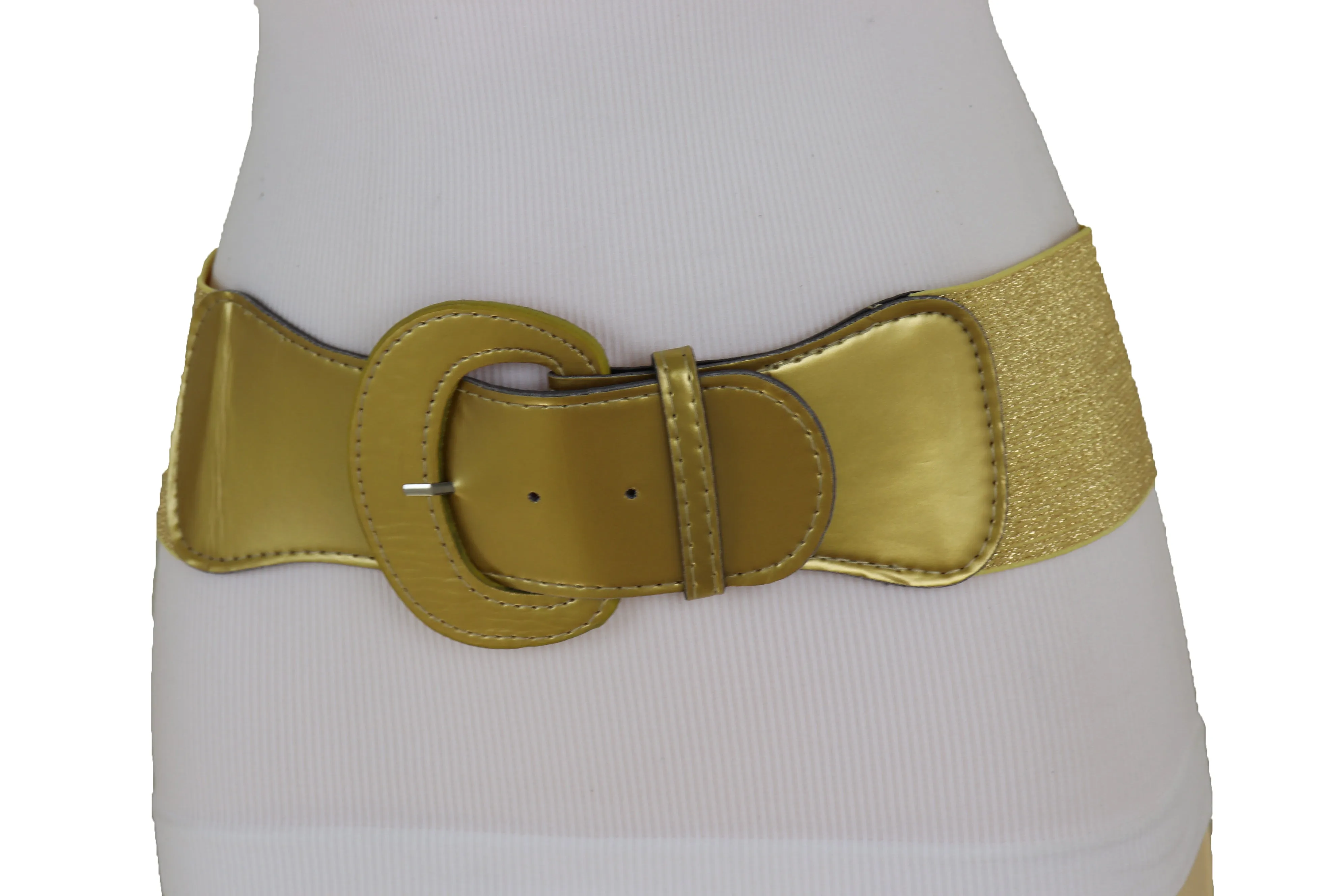 Women High Waist Hip Wide Elastic Gold Color Fashion Belt Big Buckle Day Night Easy Wear Size M L