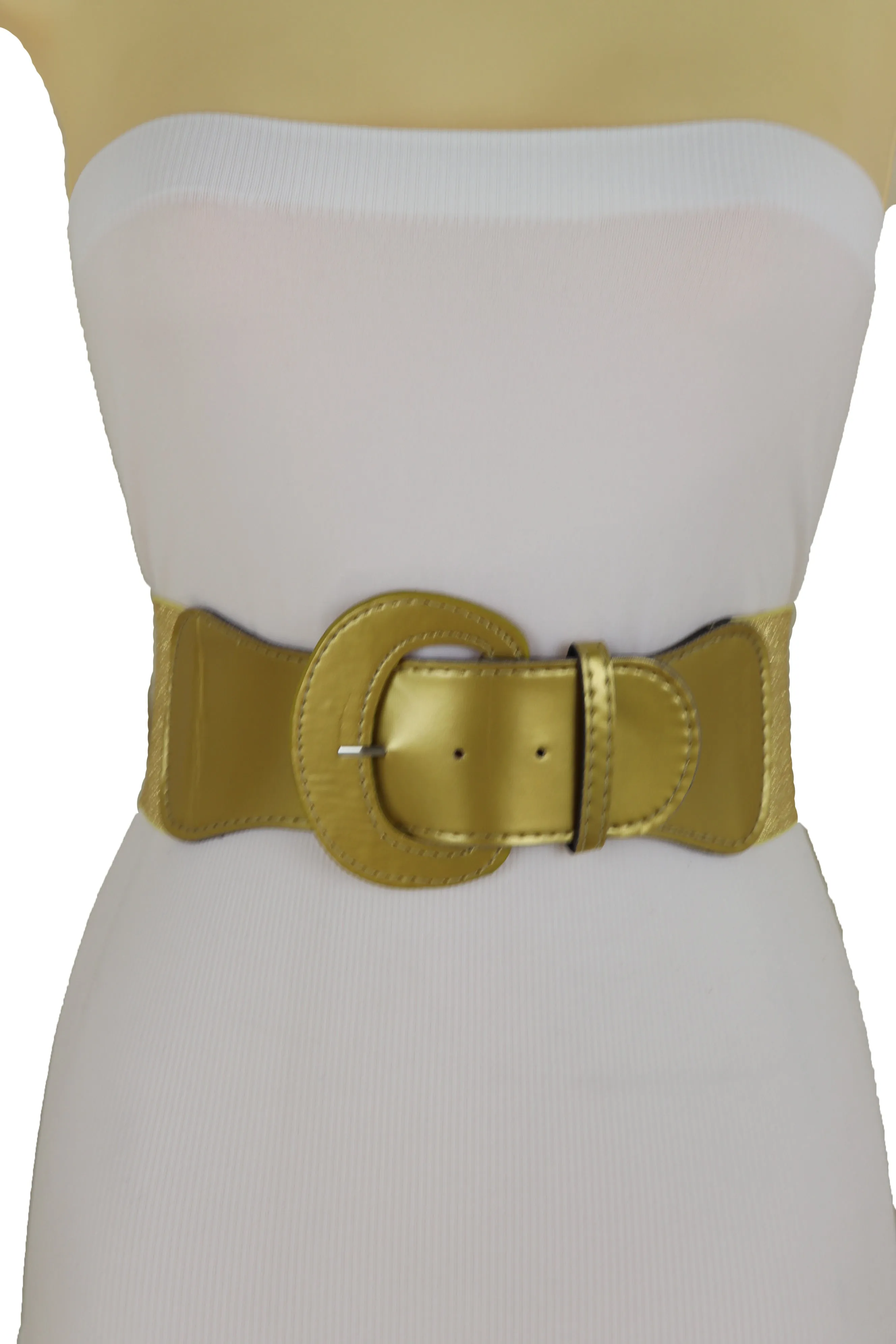 Women High Waist Hip Wide Elastic Gold Color Fashion Belt Big Buckle Day Night Easy Wear Size M L