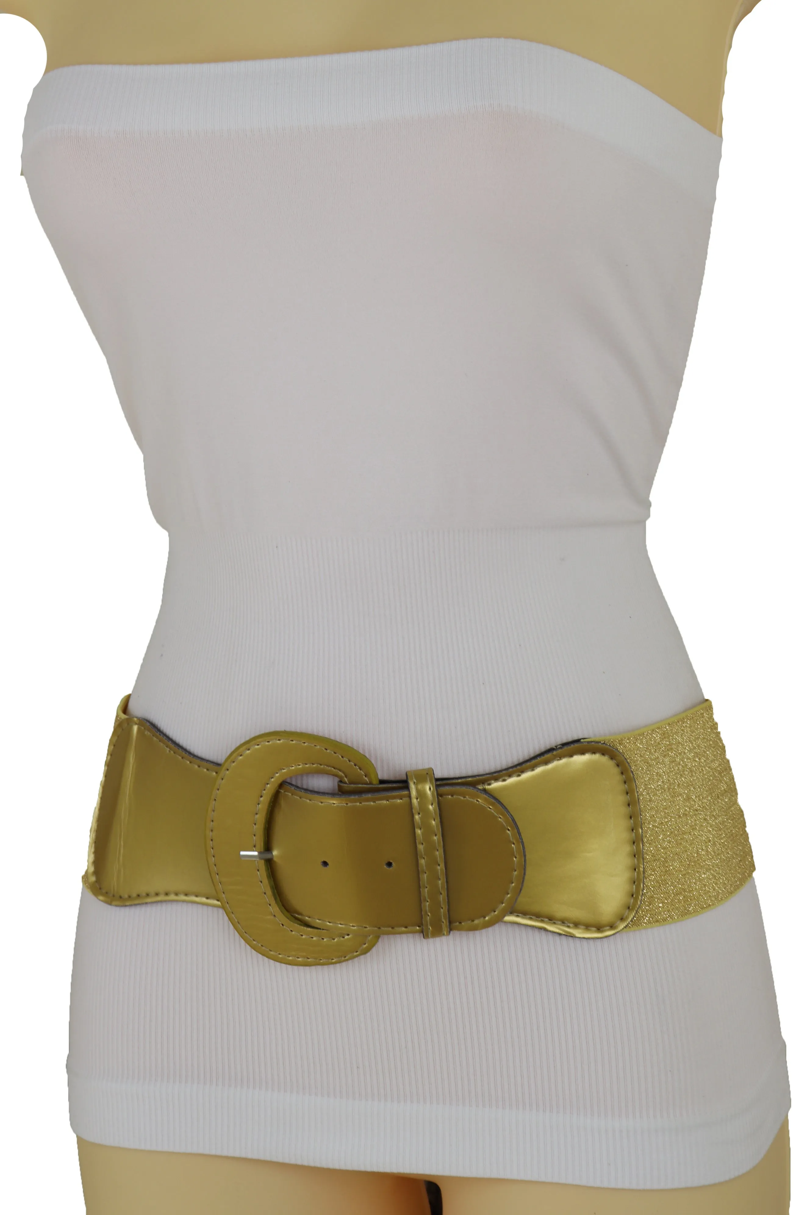 Women High Waist Hip Wide Elastic Gold Color Fashion Belt Big Buckle Day Night Easy Wear Size M L