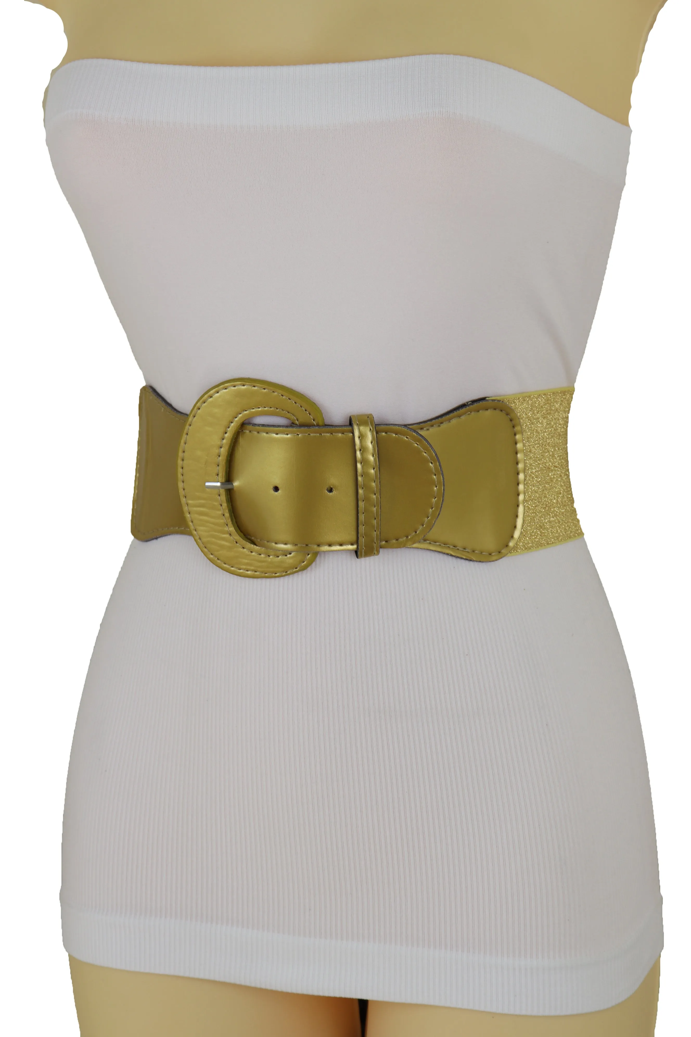 Women High Waist Hip Wide Elastic Gold Color Fashion Belt Big Buckle Day Night Easy Wear Size M L