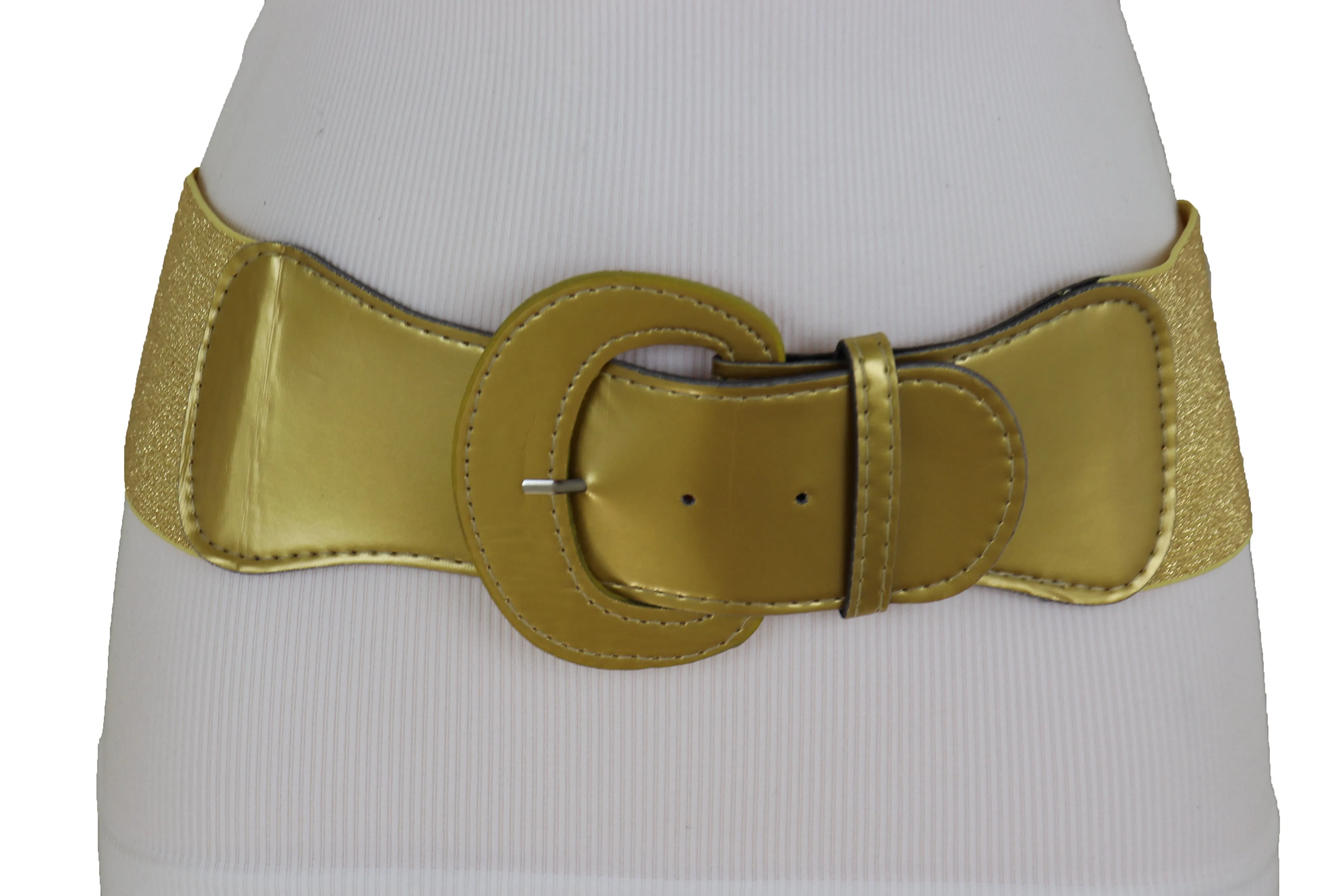 Women High Waist Hip Wide Elastic Gold Color Fashion Belt Big Buckle Day Night Easy Wear Size M L