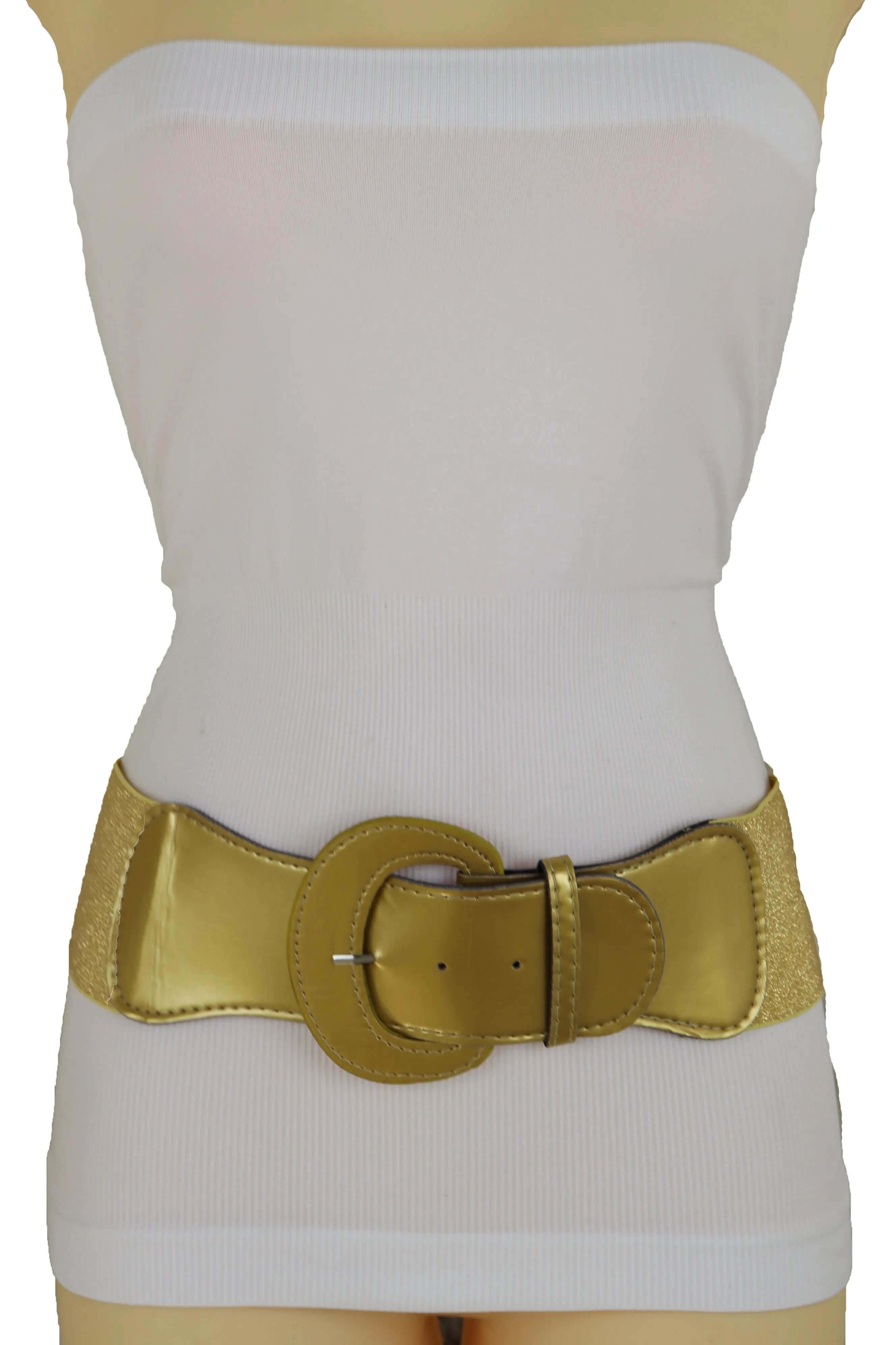 Women High Waist Hip Wide Elastic Gold Color Fashion Belt Big Buckle Day Night Easy Wear Size M L